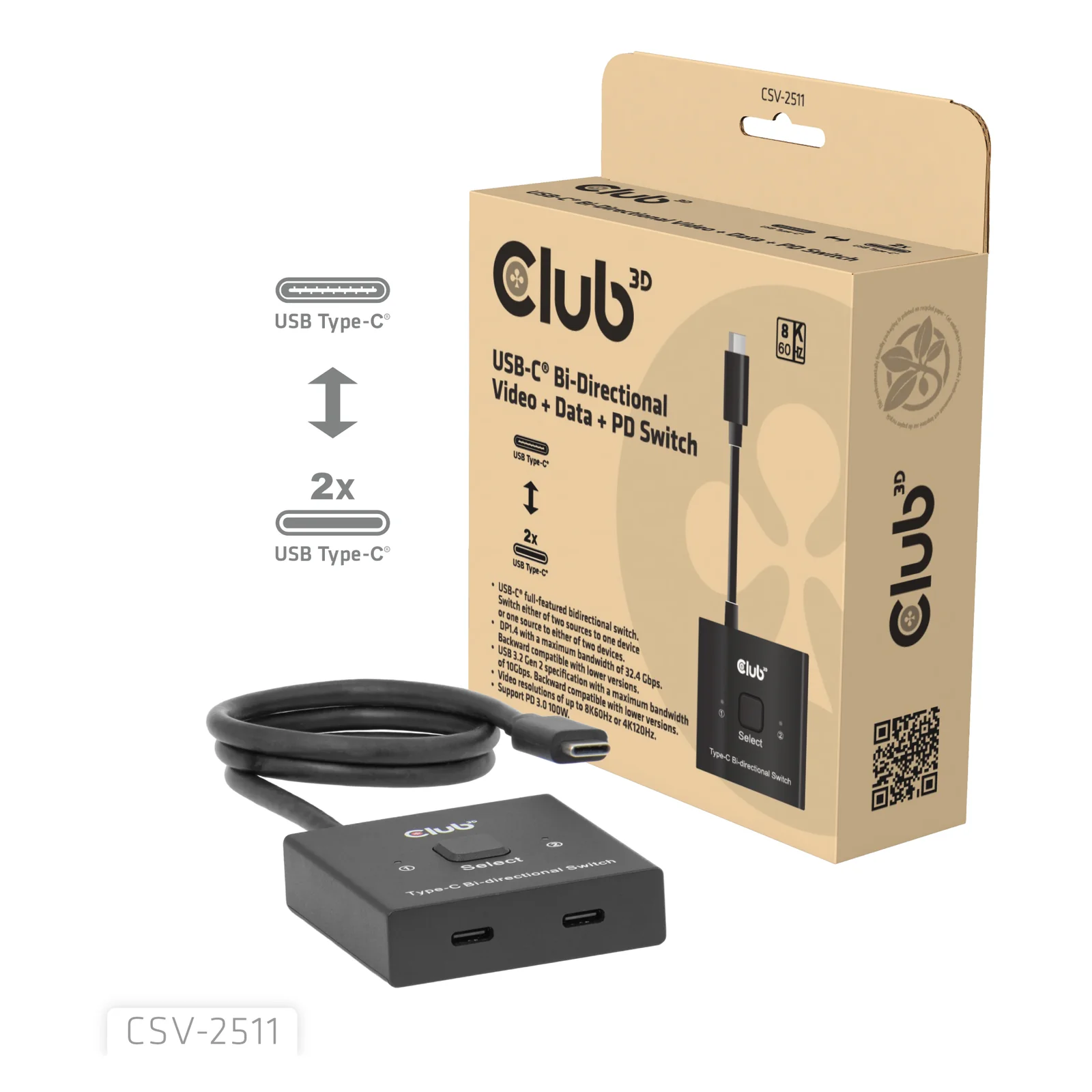 CLUB3D CSV-2511 répartiteur vidéo USB Type-C 2x DisplayPort