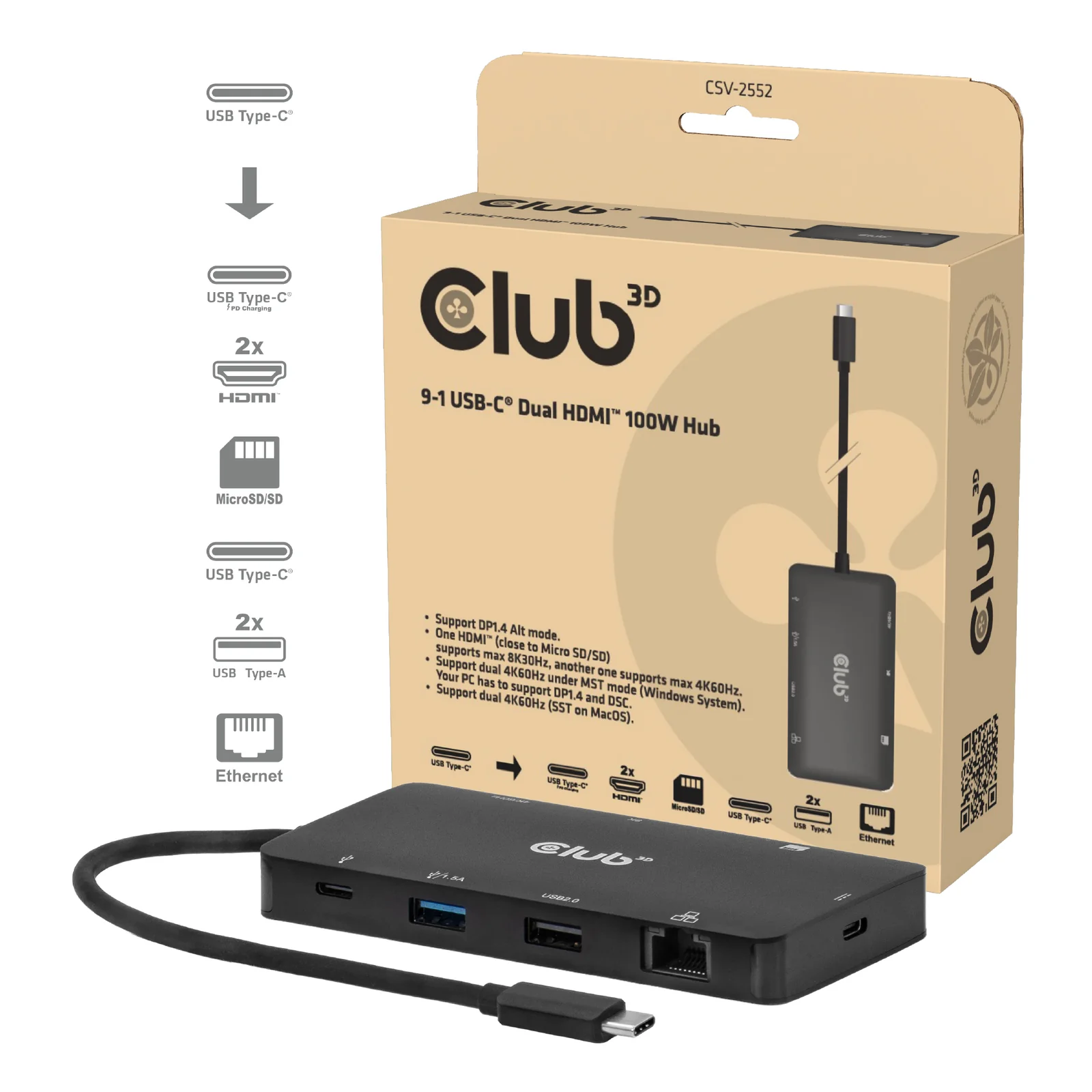 CLUB3D CSV-2552 hub & concentrateur USB Type-C 5000 Mbit/s Noir