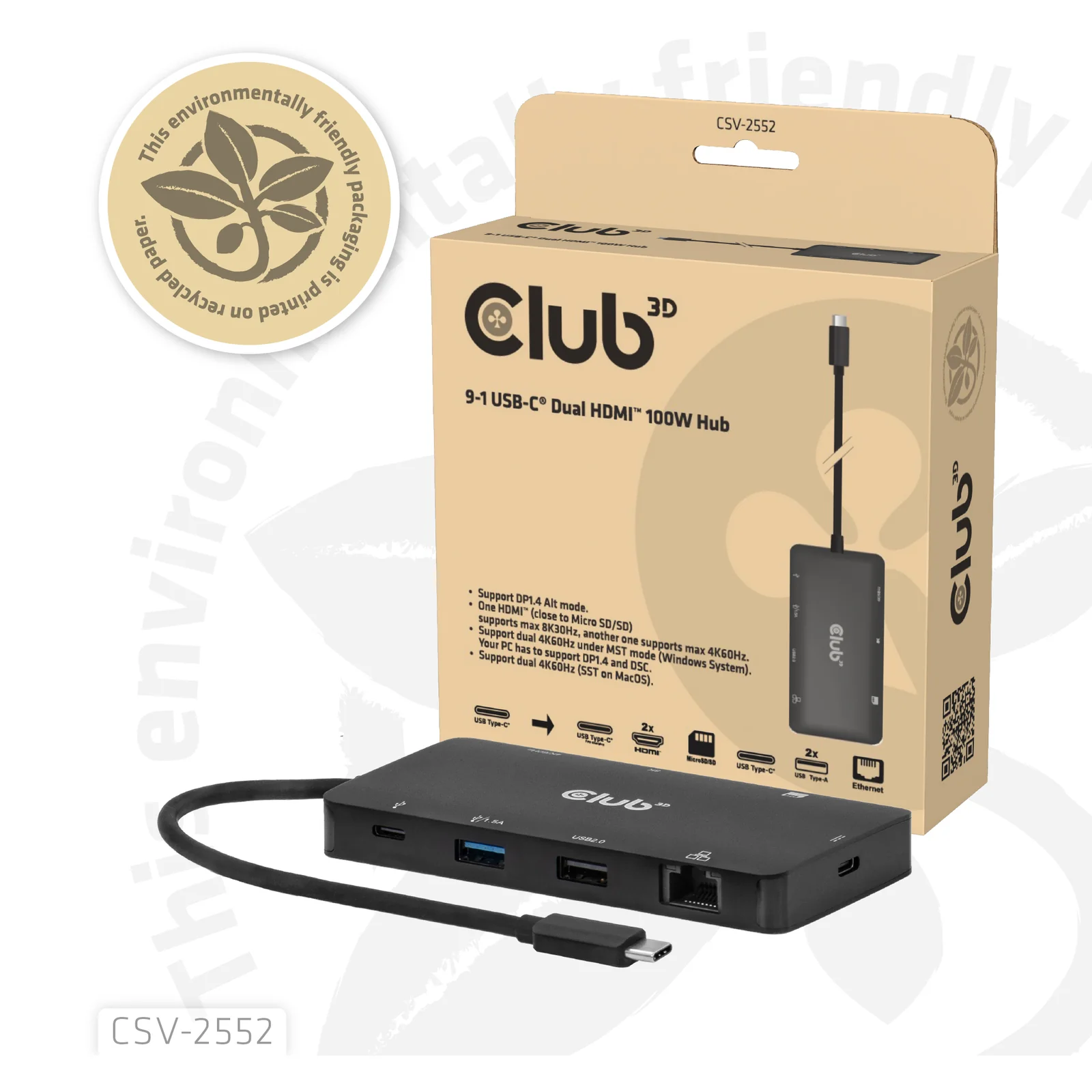 CLUB3D CSV-2552 hub & concentrateur USB Type-C 5000 Mbit/s Noir