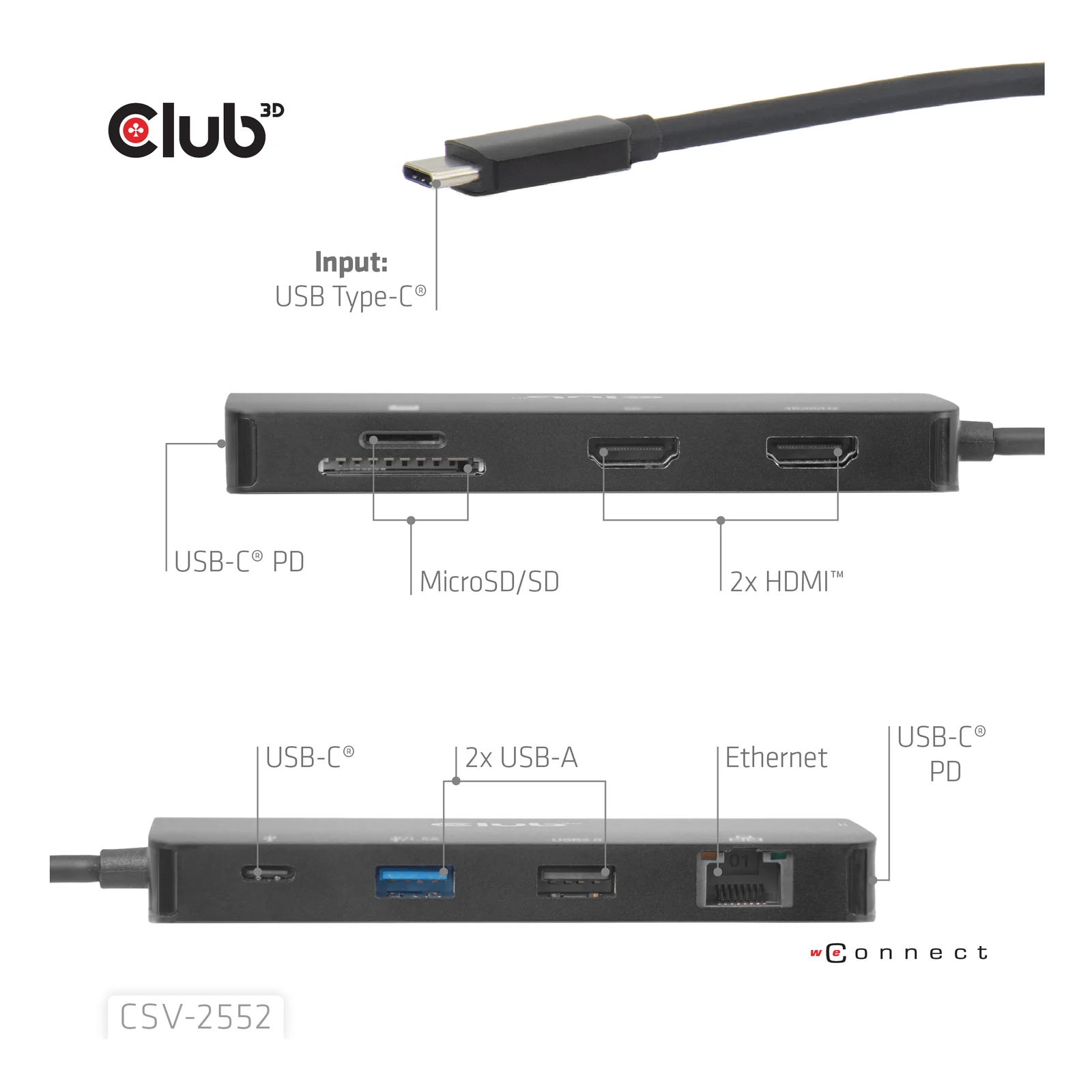 CLUB3D CSV-2552 hub & concentrateur USB Type-C 5000 Mbit/s Noir