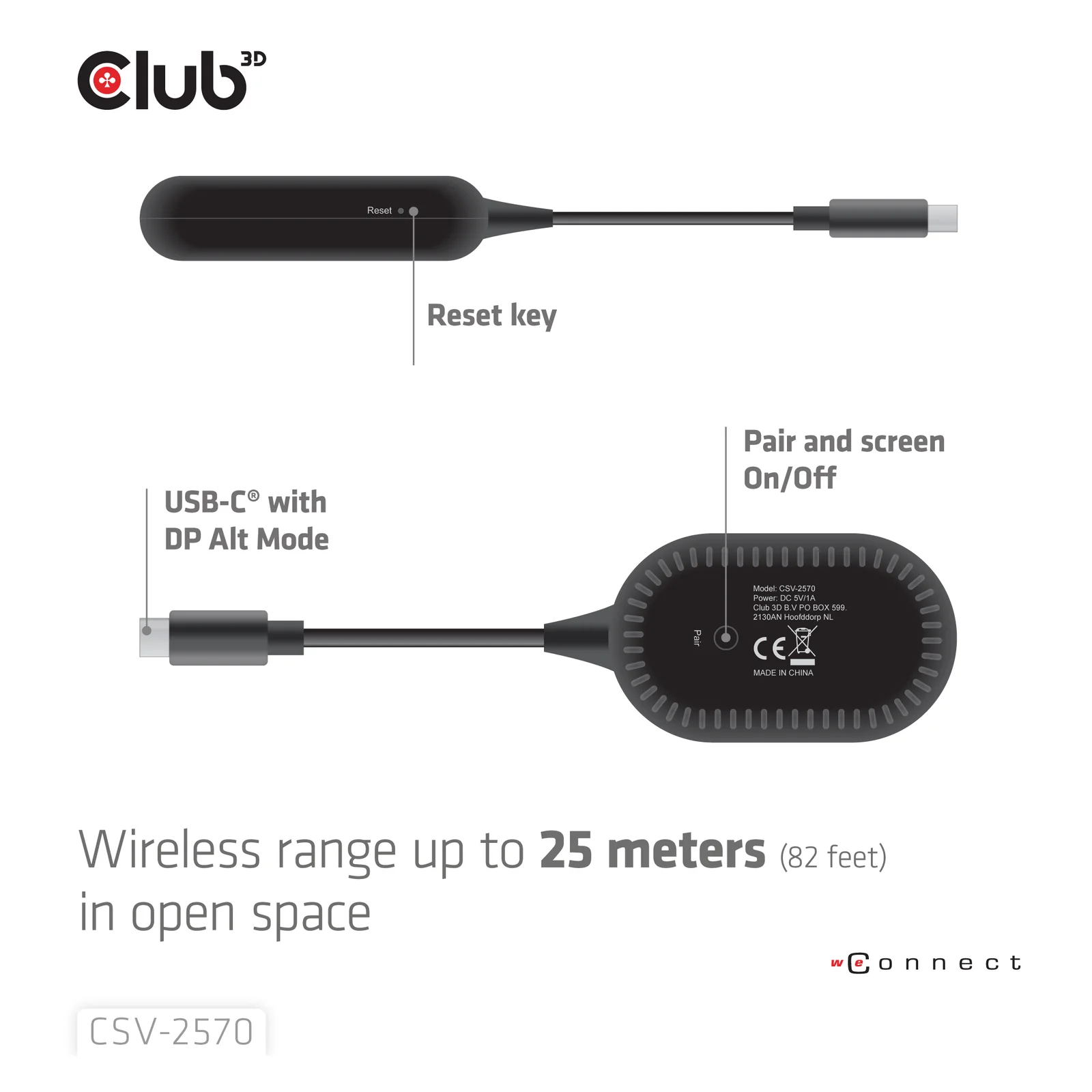 CLUB3D CSV-2570 extension audio/video Émetteur et récepteur AV Noir
