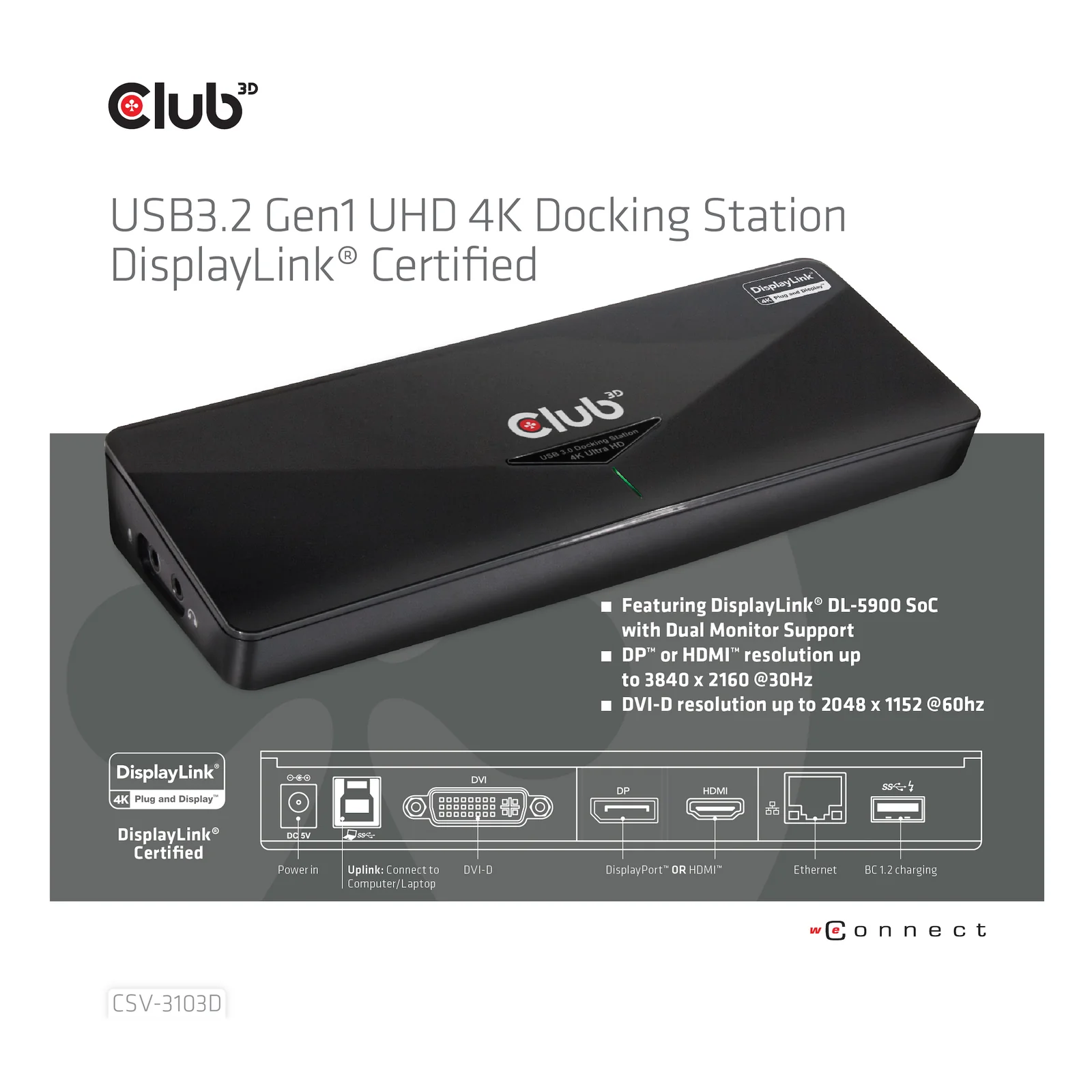 CLUB3D CSV-3103D The Club 3D Universal USB 3.1 Gen 1 UHD 4K Docking station DisplayLink™