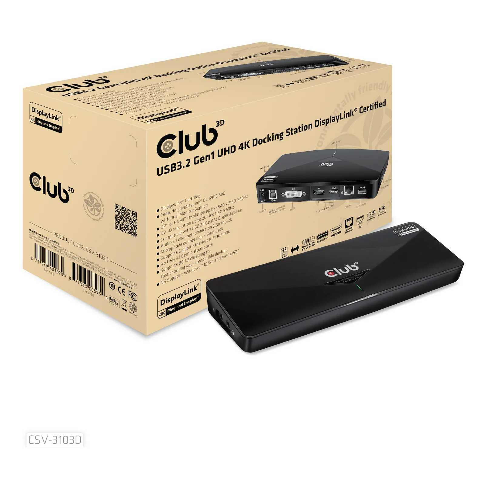 CLUB3D CSV-3103D The Club 3D Universal USB 3.1 Gen 1 UHD 4K Docking station DisplayLink™