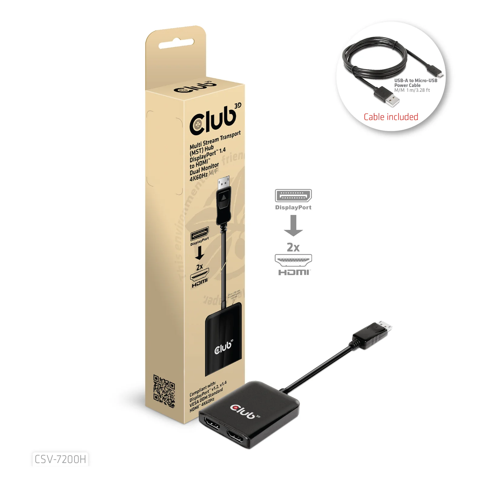 CLUB3D CSV-7200H répartiteur vidéo DisplayPort 2x HDMI