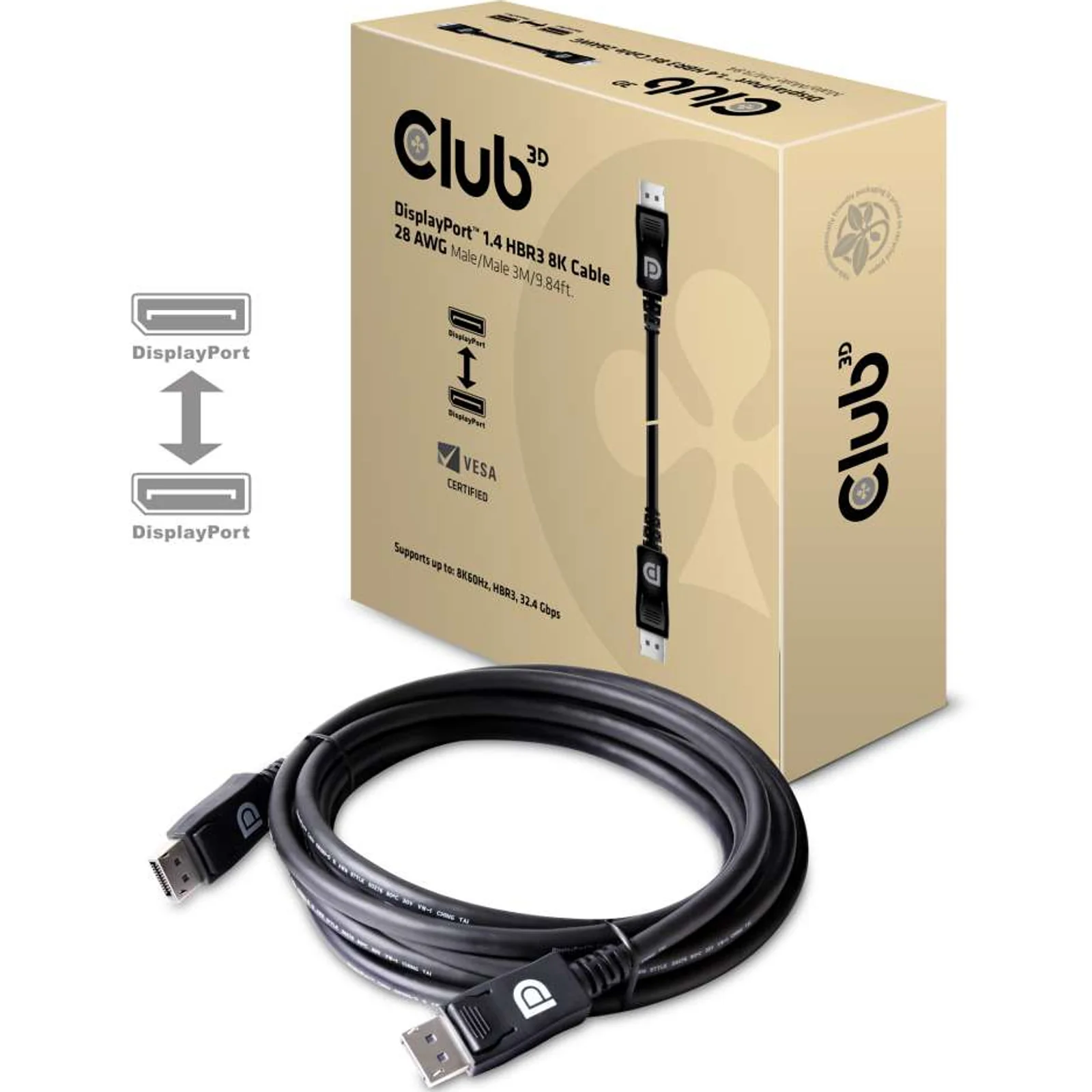 CLUB3D DisplayPort 1.4 HBR3 8K 28AWG Cable M/M 3m /9.84ft