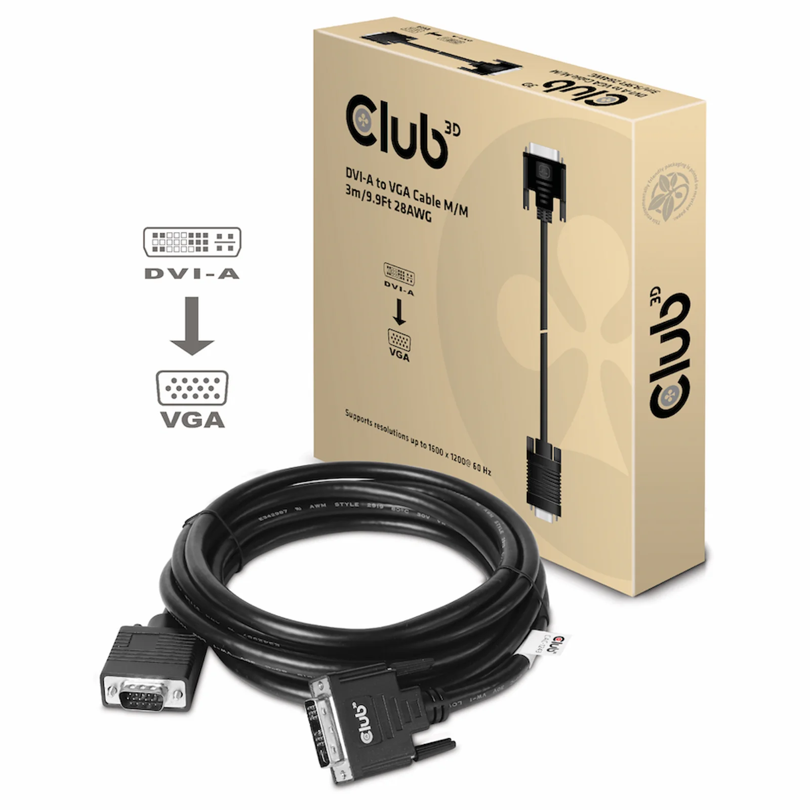 CLUB3D DVI-A TO VGA CABLE M/M 3m/ 9.8ft 28 AWG Noir