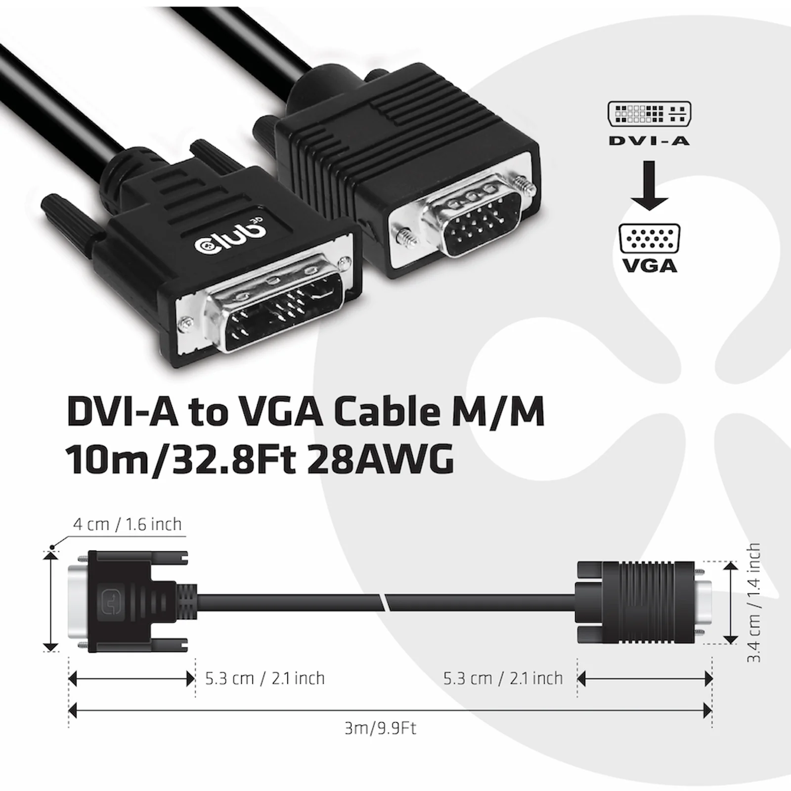 CLUB3D DVI-A TO VGA CABLE M/M 3m/ 9.8ft 28 AWG Noir