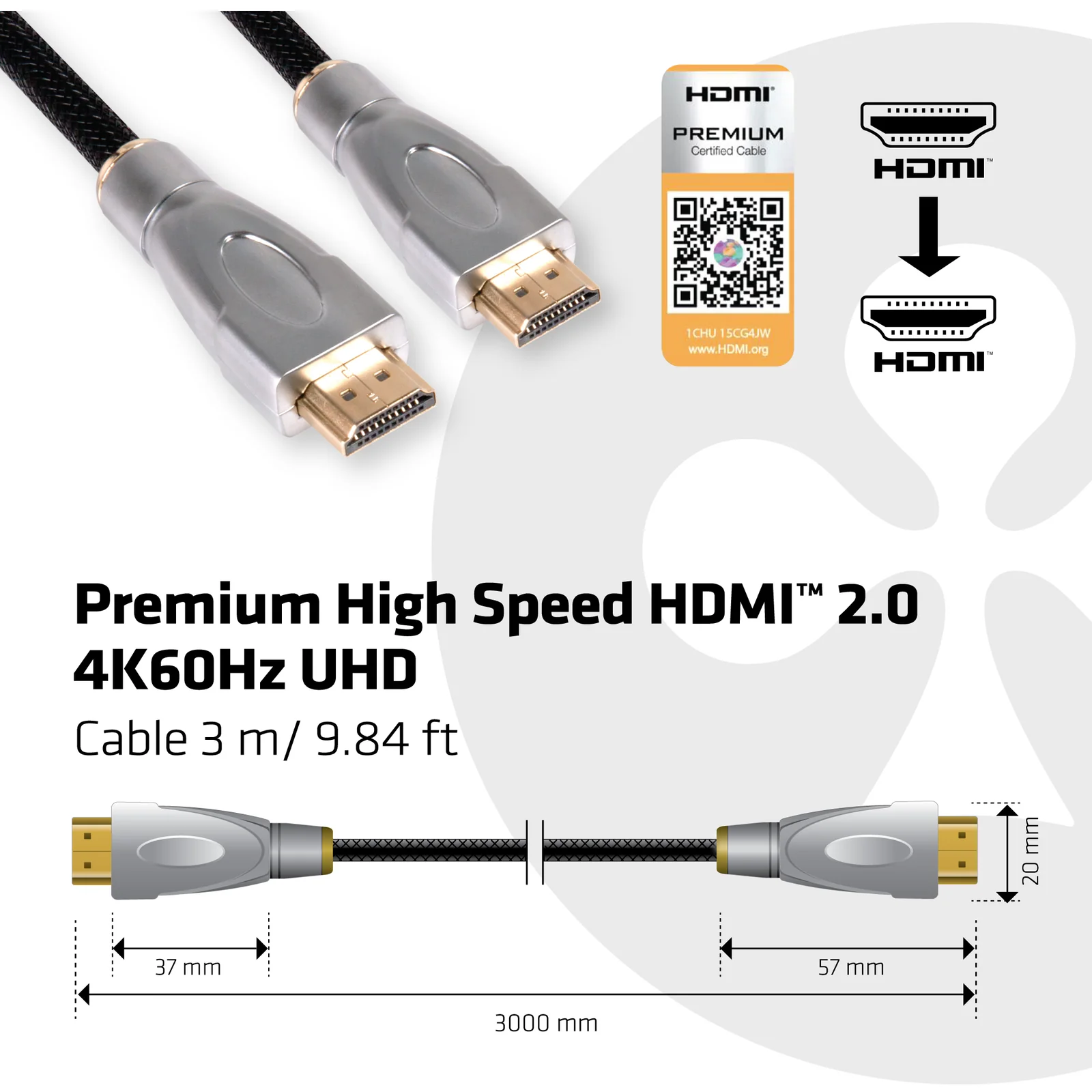 CLUB3D HDMI 2.0 Cable 3Meter UHD 4K/60Hz 18Gbps Certified Premium High Speed