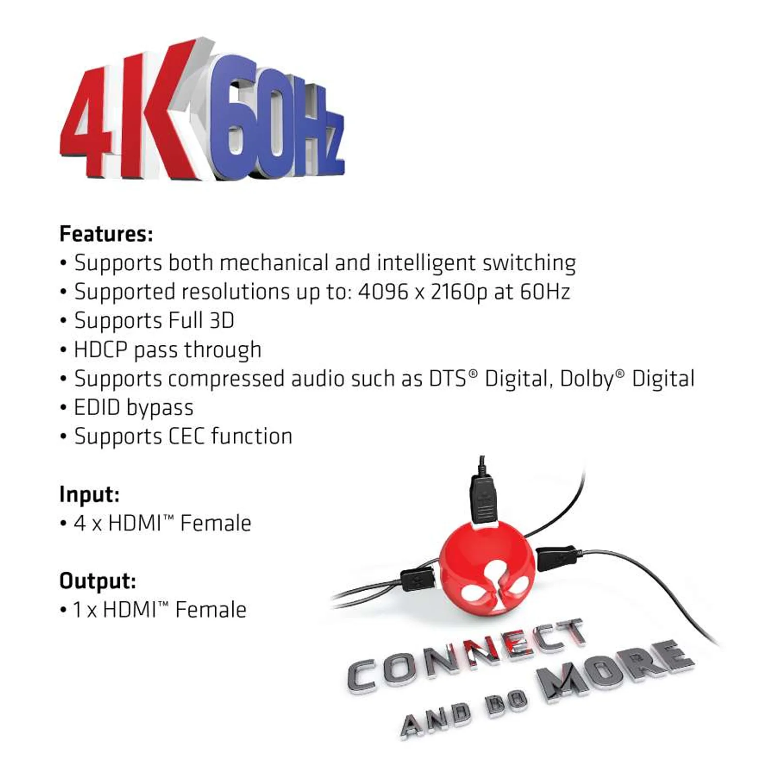 CLUB3D HDMI 2.0 UHD SwitchBox 4 Ports