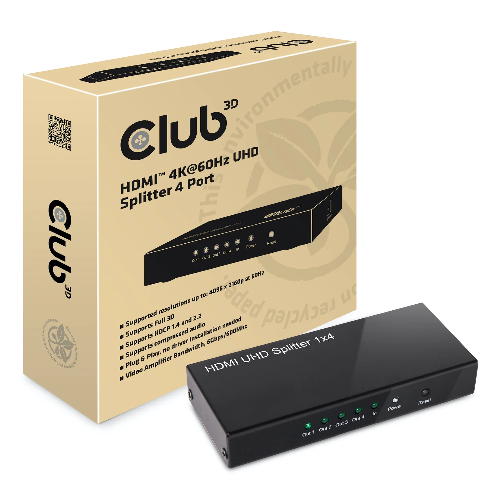 CLUB3D HDMI™ 4K@60Hz UHD Splitter AC Power 4 ports