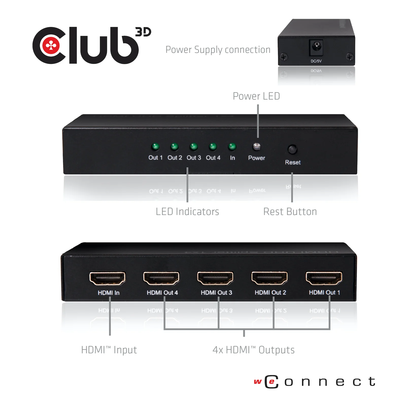 CLUB3D HDMI™ 4K@60Hz UHD Splitter AC Power 4 ports