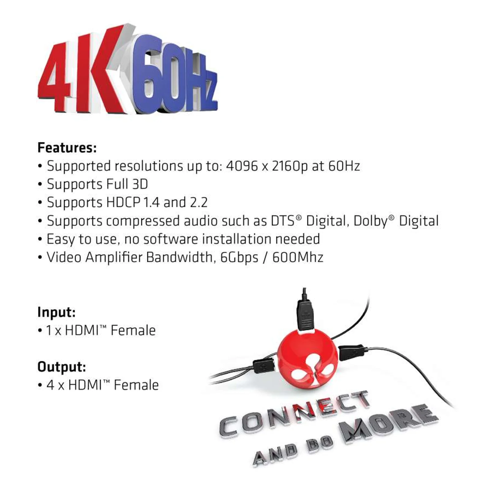 CLUB3D HDMI™ 4K@60Hz UHD Splitter AC Power 4 ports
