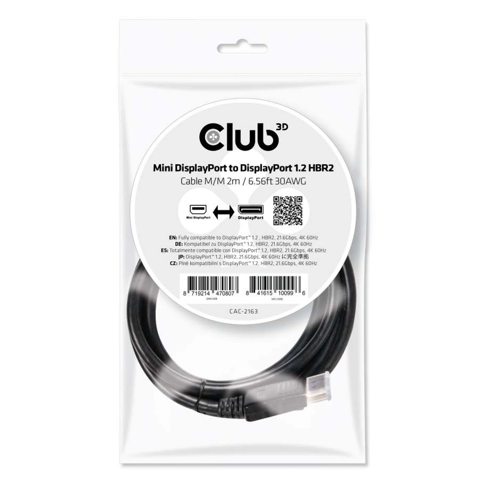 CLUB3D Mini DisplayPort to DisplayPort 1.2 M/M 2m/6.56ft 4K60Hz