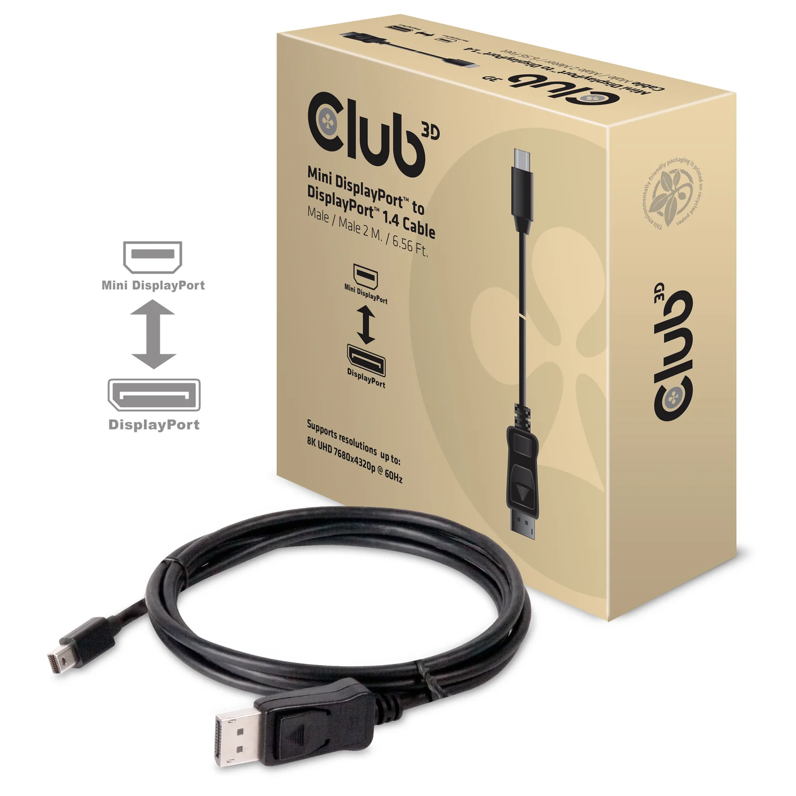 CLUB3D Mini DisplayPort to DisplayPort 1.4 HBR3 8K60Hz Cable, 2 Meter / 6.56 Feet