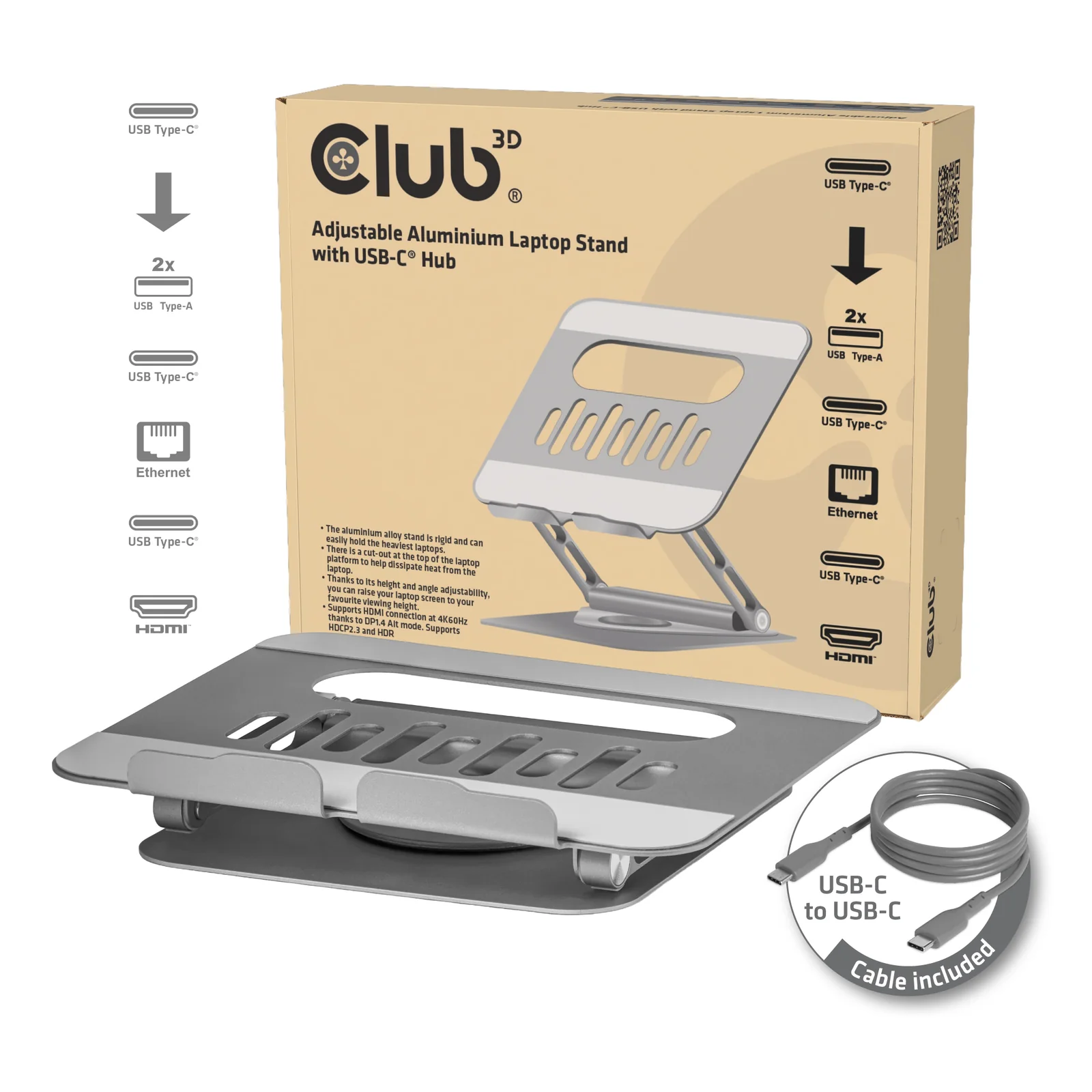 CLUB3D Support réglable en aluminium pour ordinateur portable avec hub USB-C®