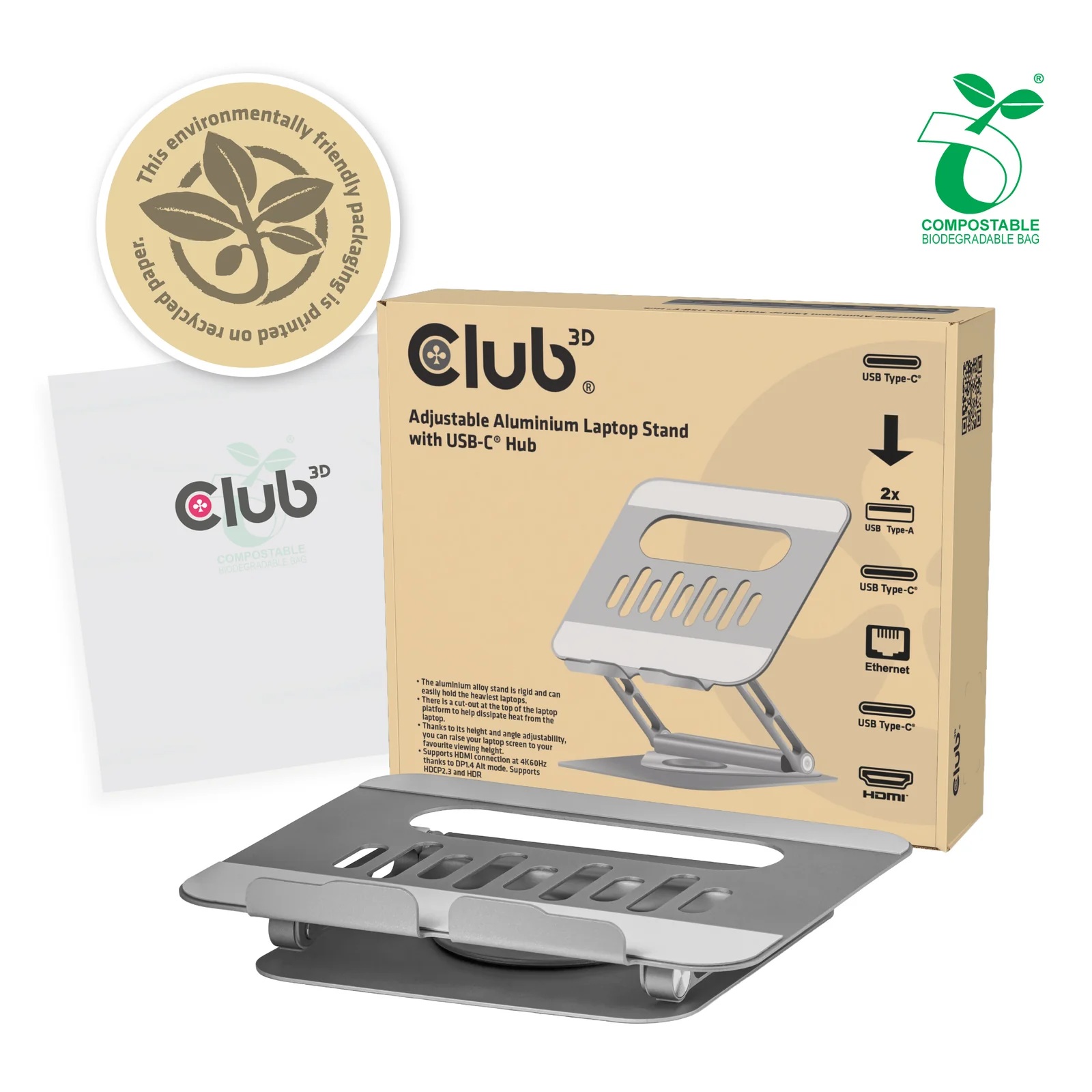 CLUB3D Support réglable en aluminium pour ordinateur portable avec hub USB-C®