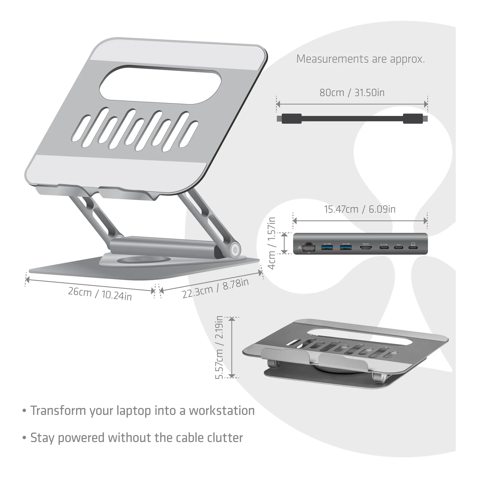 CLUB3D Support réglable en aluminium pour ordinateur portable avec hub USB-C®