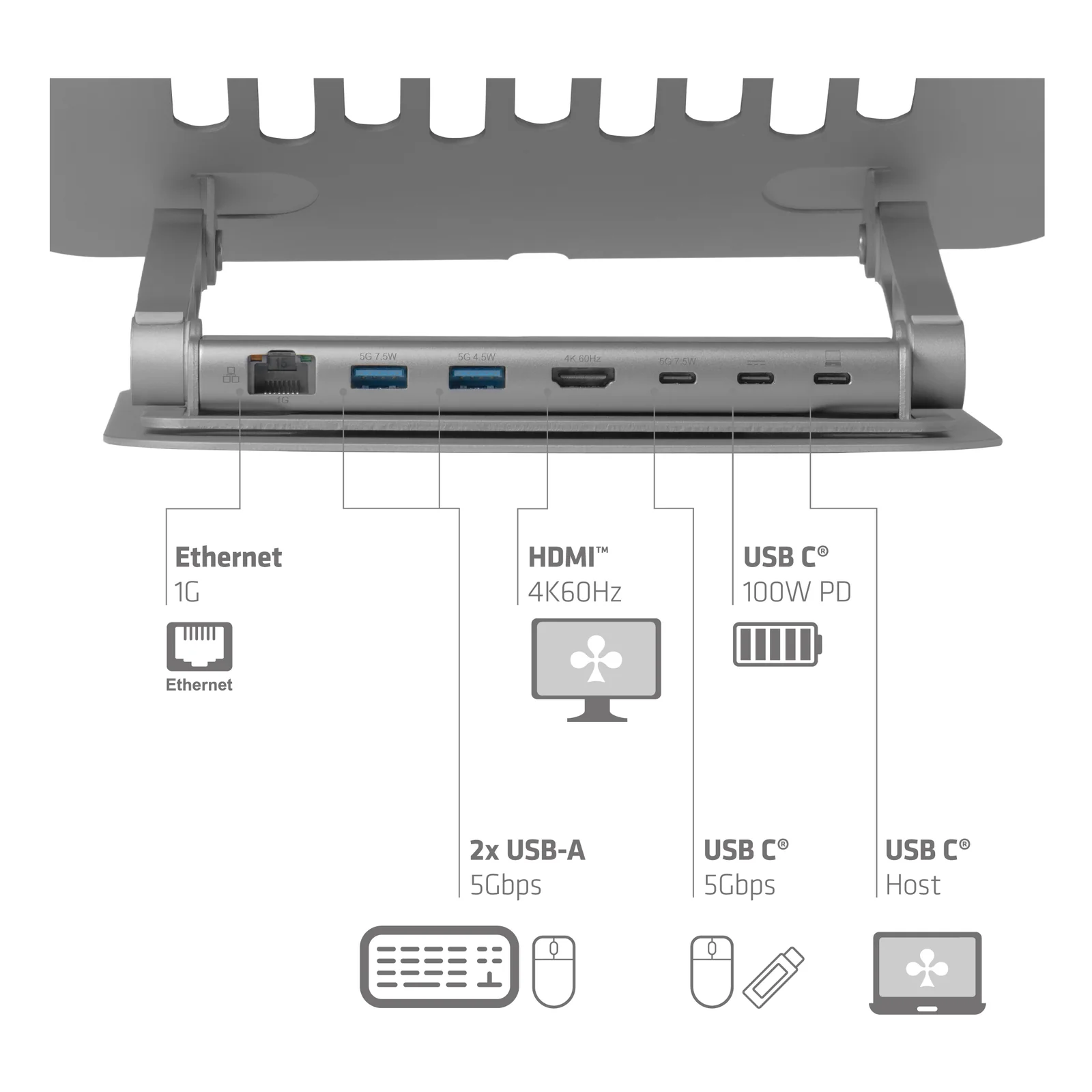 CLUB3D Support réglable en aluminium pour ordinateur portable avec hub USB-C®