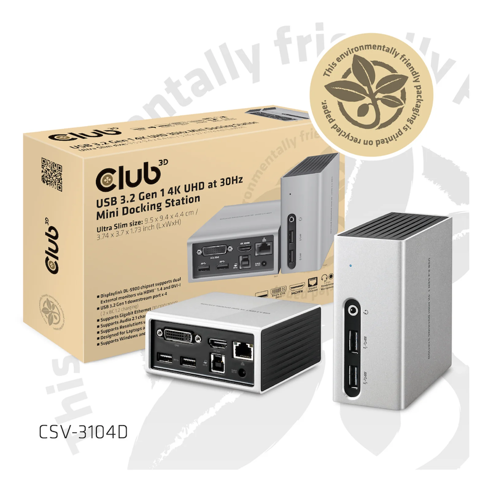 CLUB3D The Club 3D CSV-3104D USB 3.2 Gen 1 4K UHD at 30Hz Mini Docking Station Ultra slim design