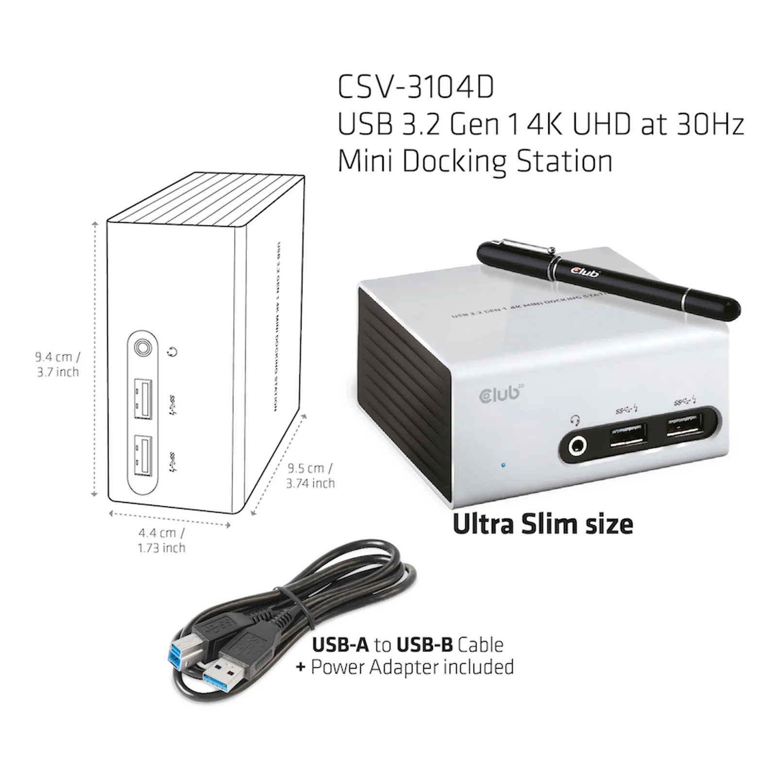 CLUB3D The Club 3D CSV-3104D USB 3.2 Gen 1 4K UHD at 30Hz Mini Docking Station Ultra slim design