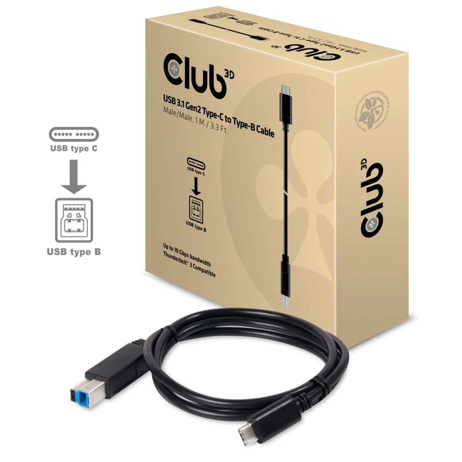 CLUB3D USB 3.1 Gen2 Type-C to Type-B Cable Male/Male, 1 M./ 3.3 Ft.
