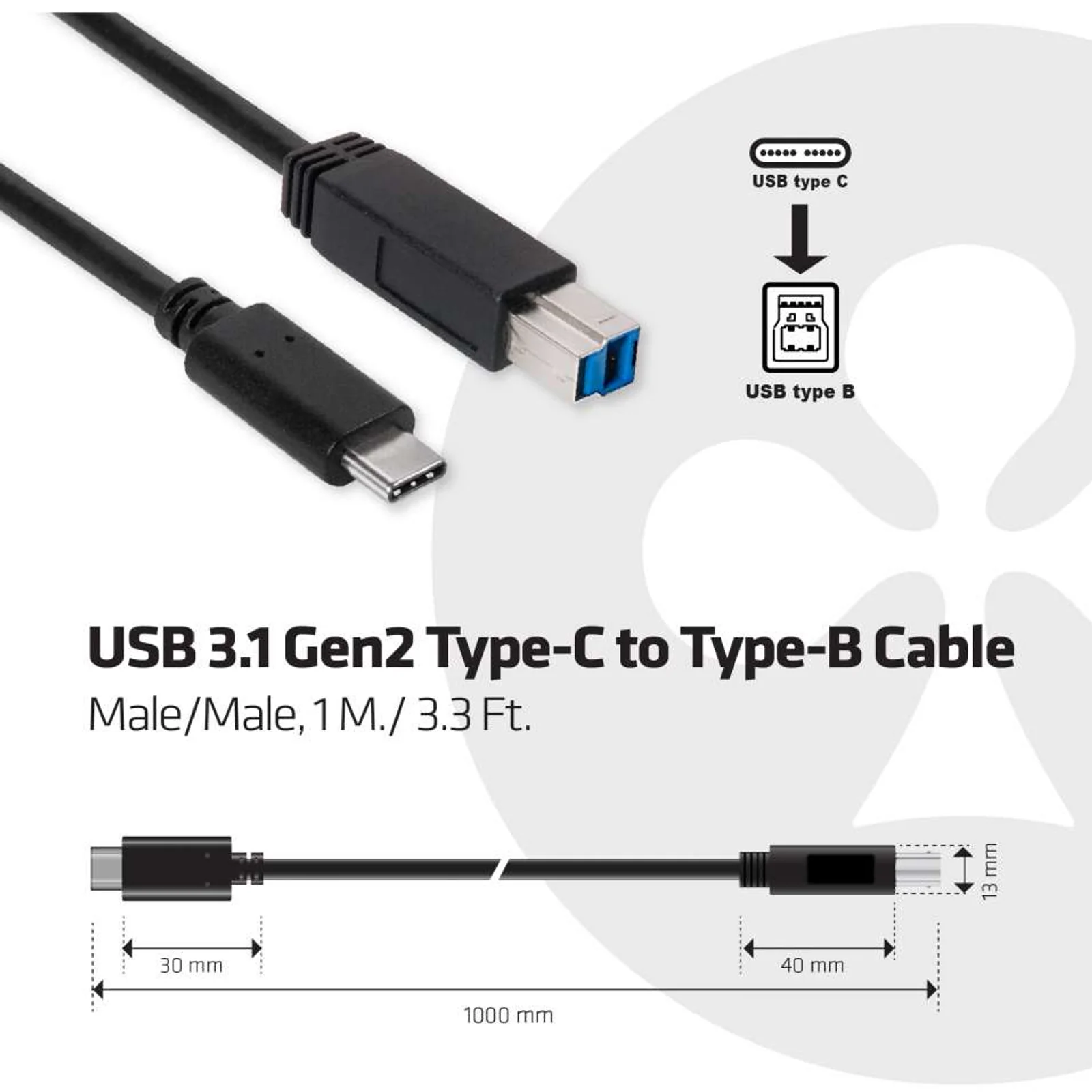 CLUB3D USB 3.1 Gen2 Type-C to Type-B Cable Male/Male, 1 M./ 3.3 Ft.