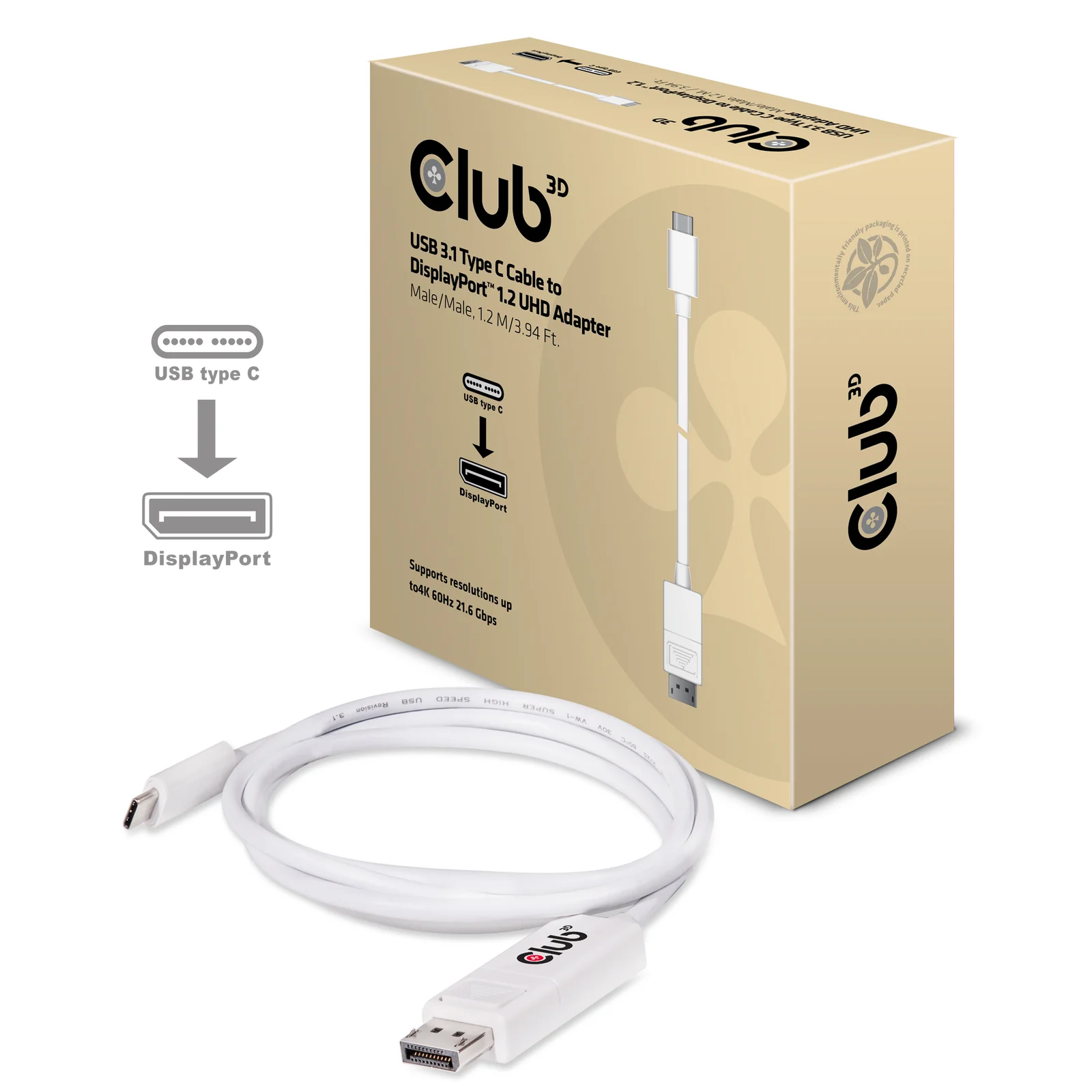 CLUB3D USB 3.1 Type C Cable to DisplayPort 1.2 UHD Adapter