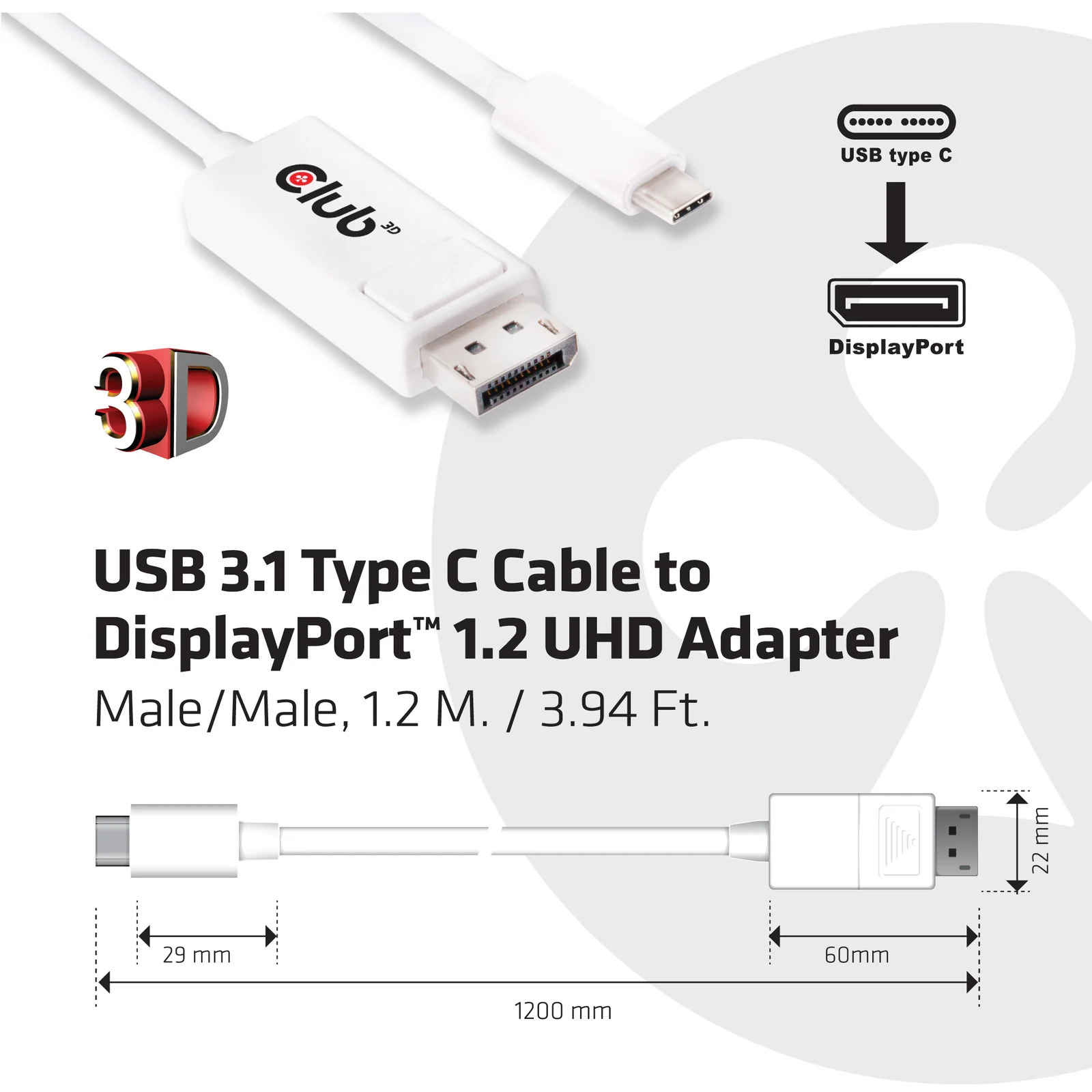 CLUB3D USB 3.1 Type C Cable to DisplayPort 1.2 UHD Adapter
