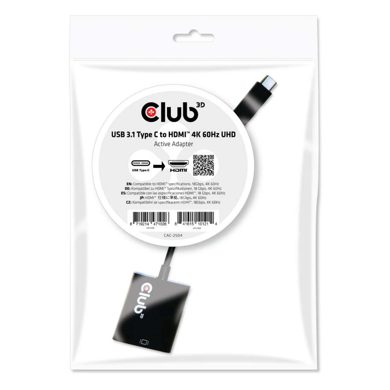 CLUB3D USB 3.1 Type C to HDMI 2.0 UHD 4K 60Hz Active Adapter