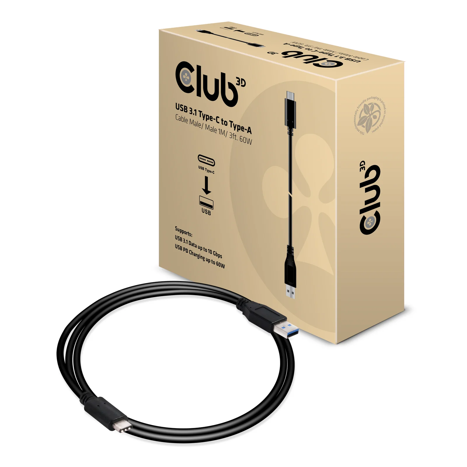 CLUB3D USB 3.1 Type-C to Type-A Cable 10Gbps PD 60W M/M 1m/3.28ft