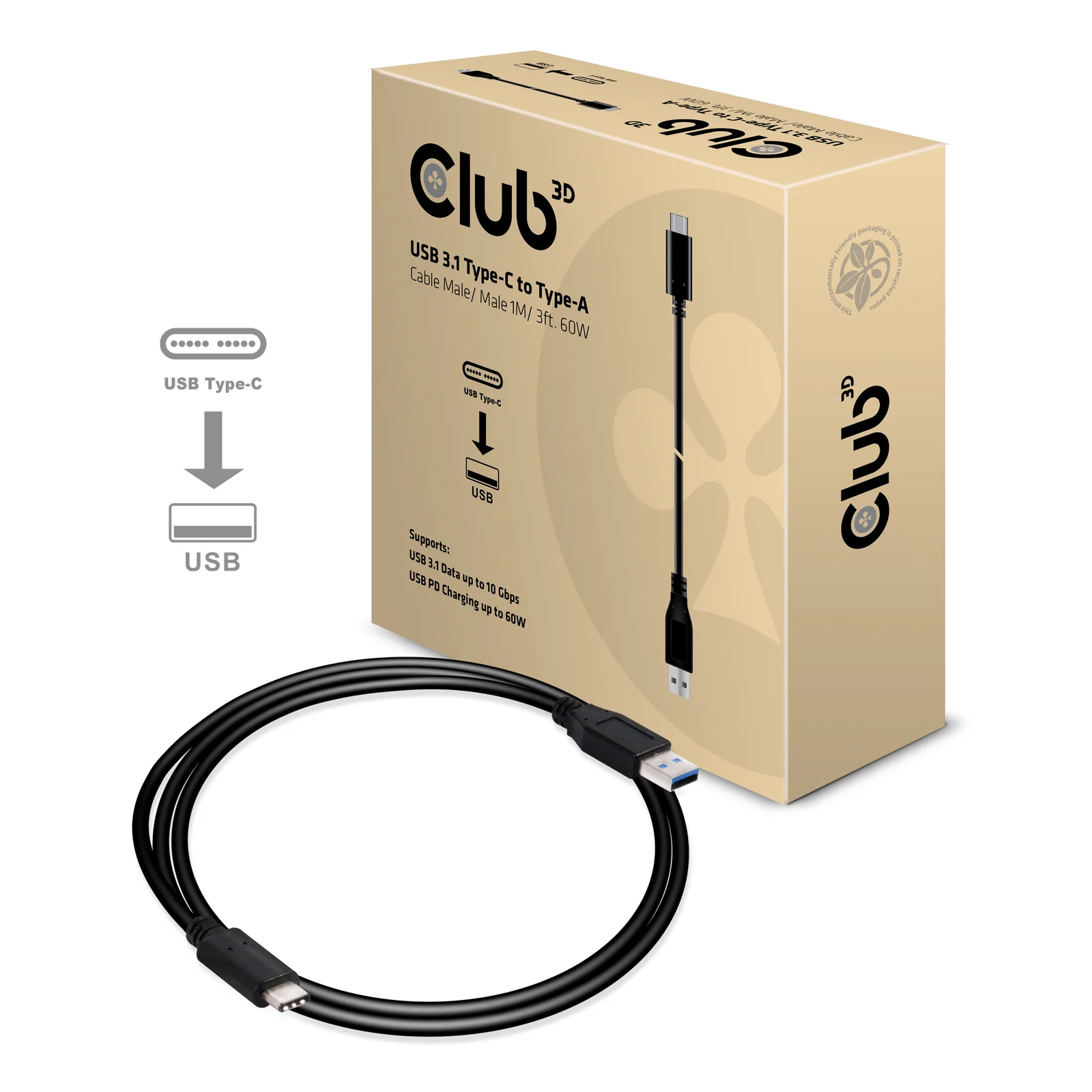 CLUB3D USB 3.1 Type-C to Type-A Cable 10Gbps PD 60W M/M 1m/3.28ft