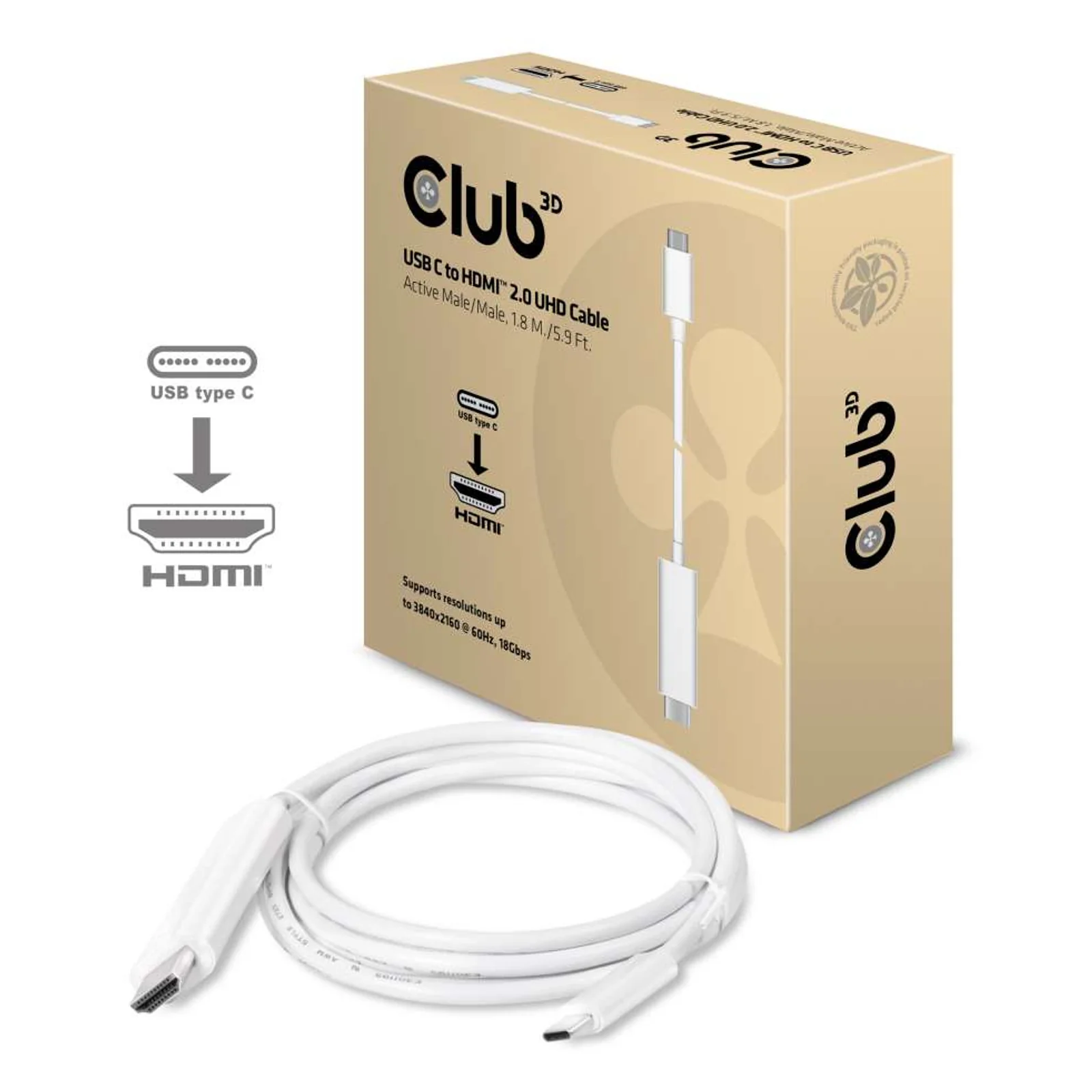 CLUB3D USB C to HDMI™ 2.0 UHD Cable Active 1.8 M./5.9 Ft.