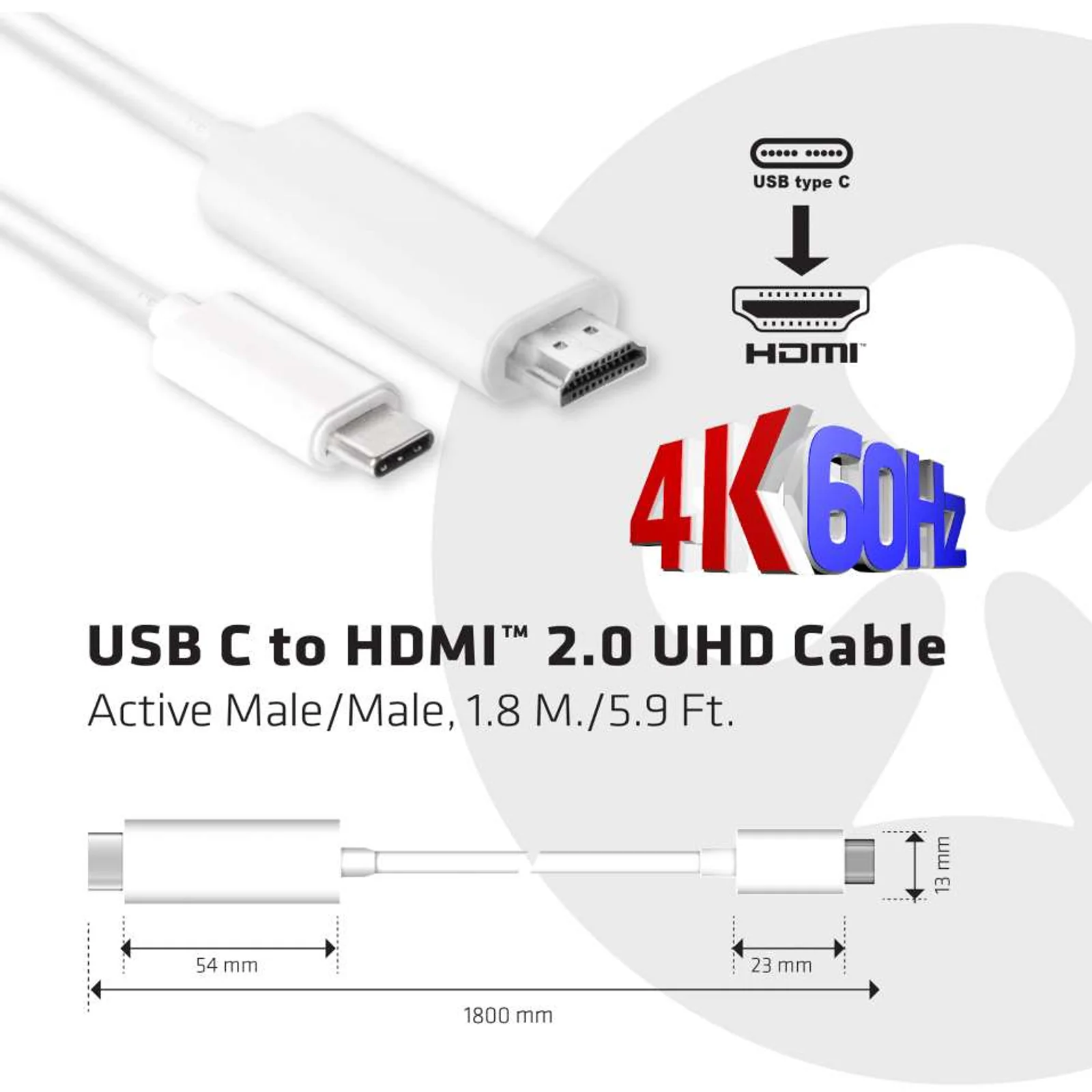 CLUB3D USB C to HDMI™ 2.0 UHD Cable Active 1.8 M./5.9 Ft.