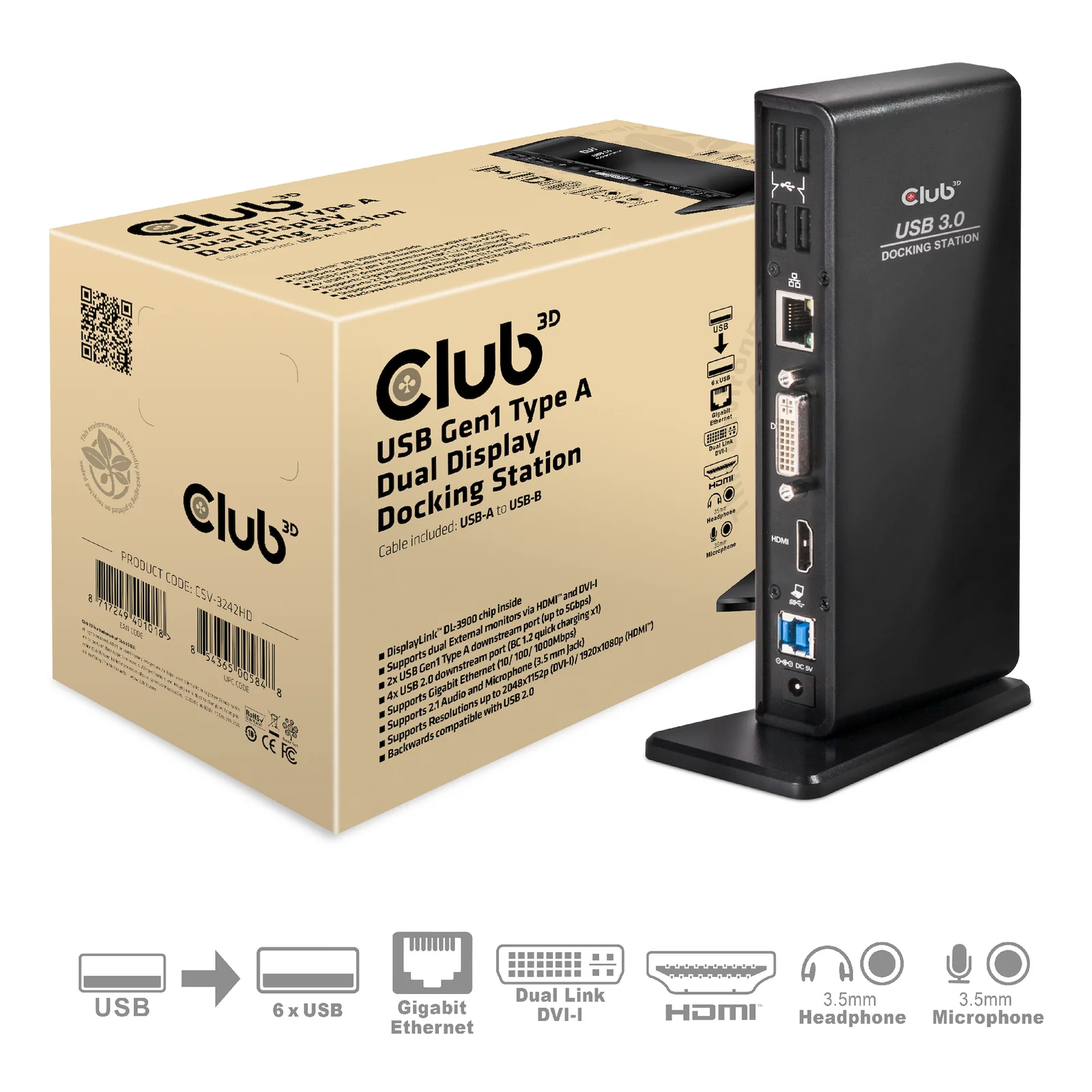 CLUB3D USB Gen1 Type A Dual Display Docking Station