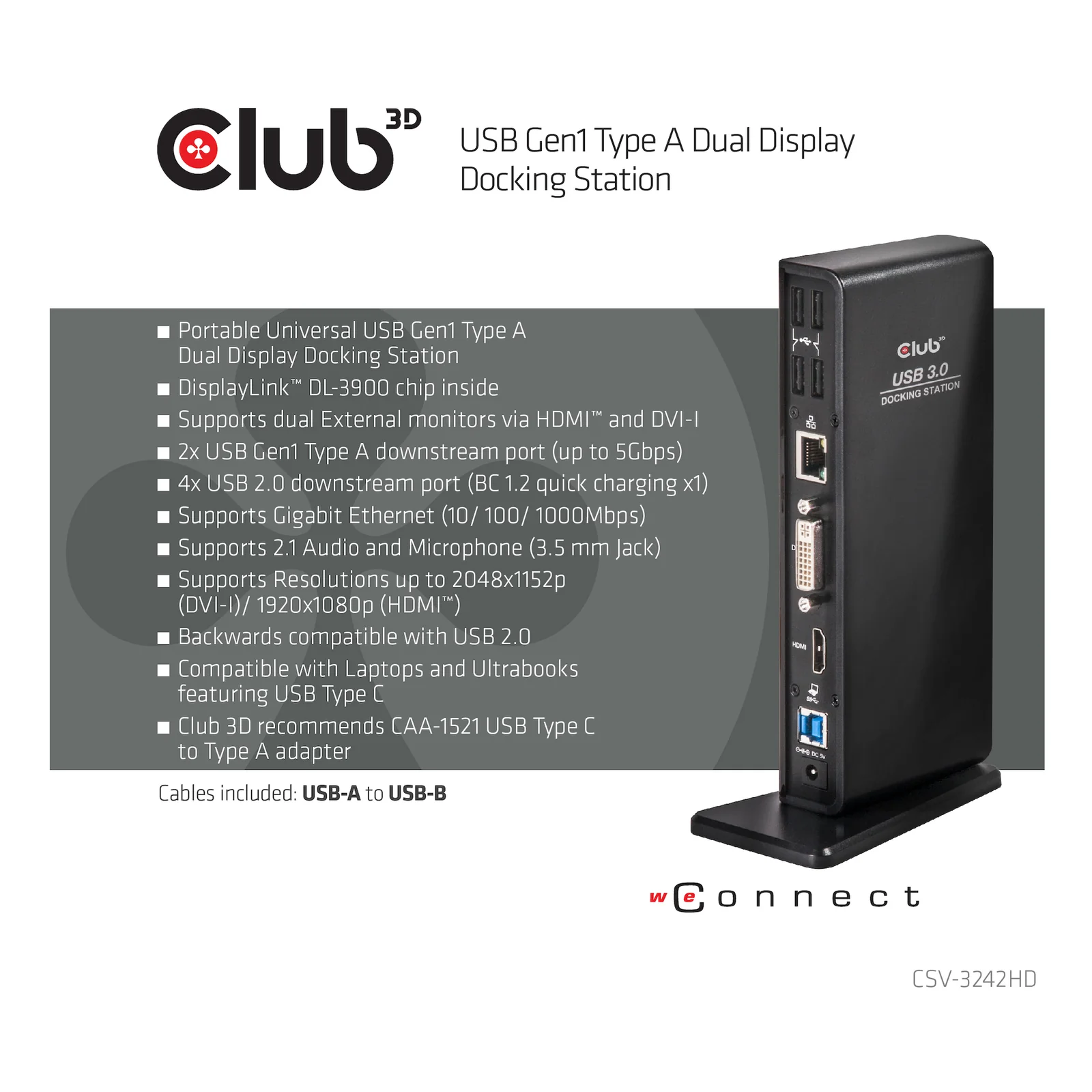 CLUB3D USB Gen1 Type A Dual Display Docking Station