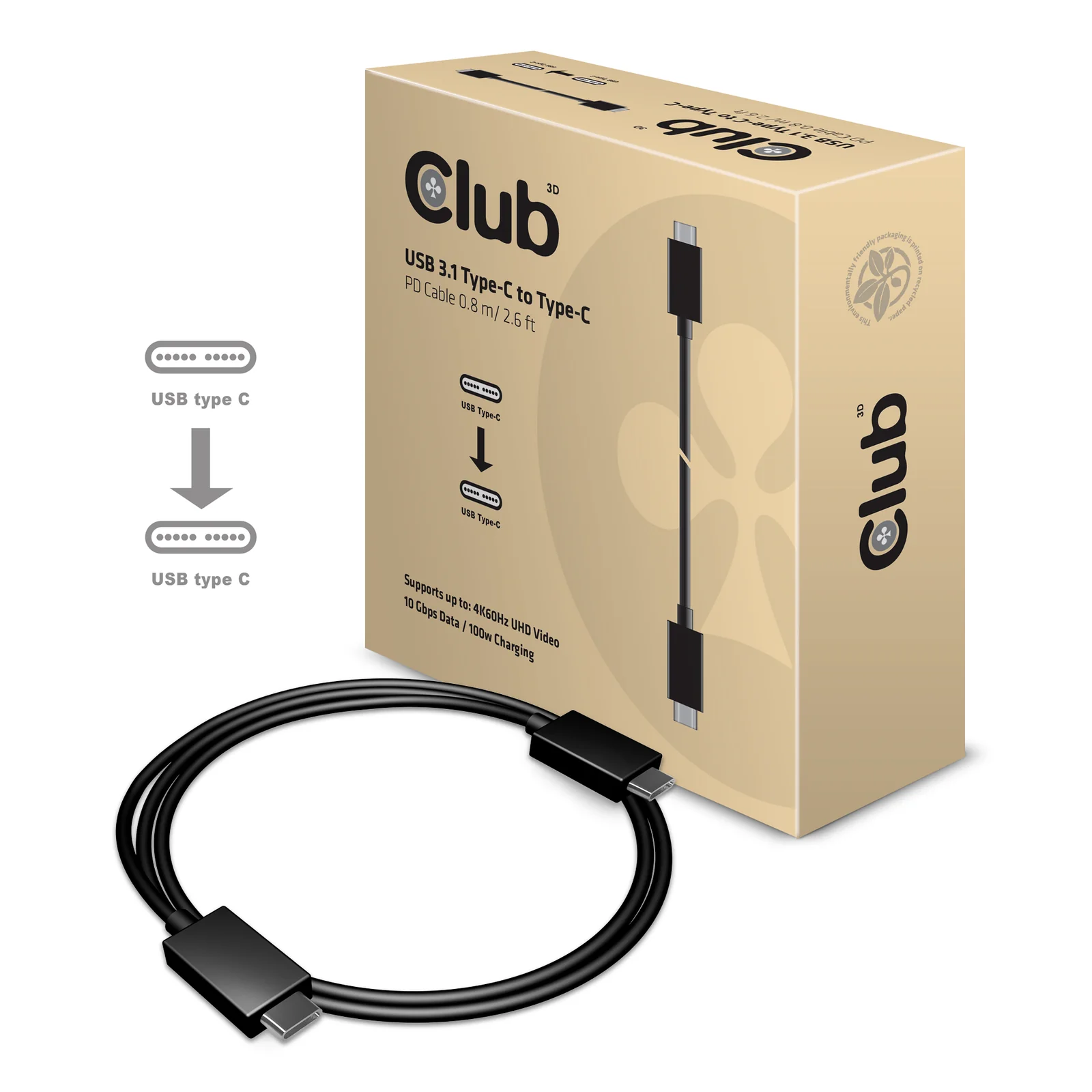 CLUB3D USB Gen2 Type C Video 4K60Hz, Data 10Gbps and 100W