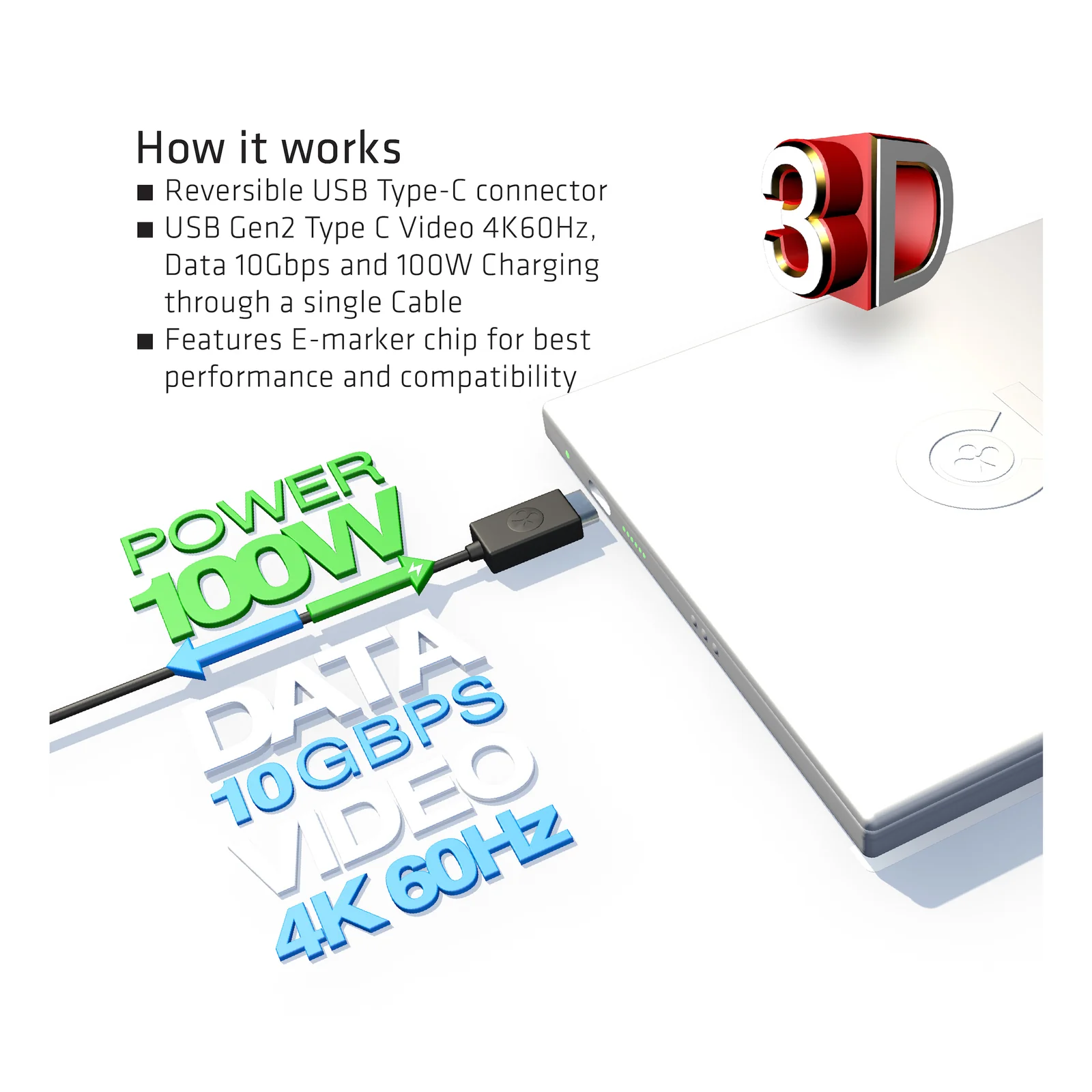 CLUB3D USB Gen2 Type C Video 4K60Hz, Data 10Gbps and 100W