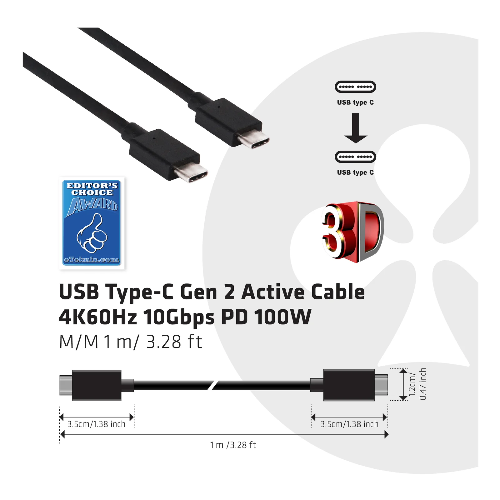 CLUB3D USB Gen2 Type C Video 4K60Hz, Data 10Gbps and 100W