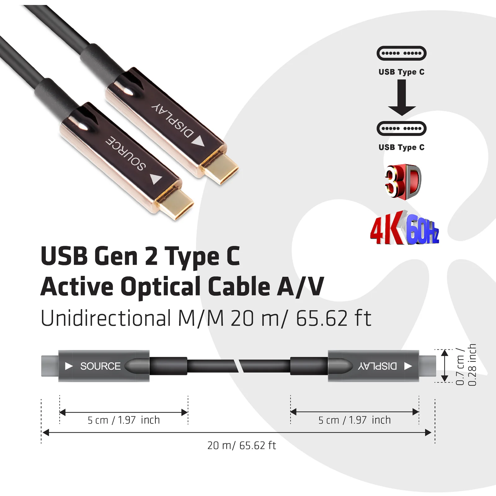 CLUB3D USB3.2 G2 TYPE-C ACT. OPT. A/V M/M 20M câble USB USB 3.2 Gen 2 (3.1 Gen 2) USB C Noir