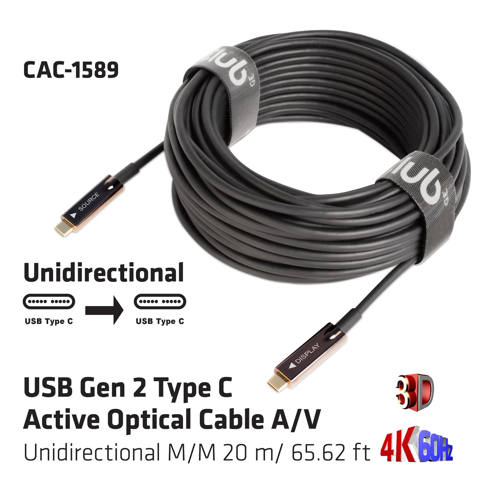 CLUB3D USB3.2 G2 TYPE-C ACT. OPT. A/V M/M 20M câble USB USB 3.2 Gen 2 (3.1 Gen 2) USB C Noir
