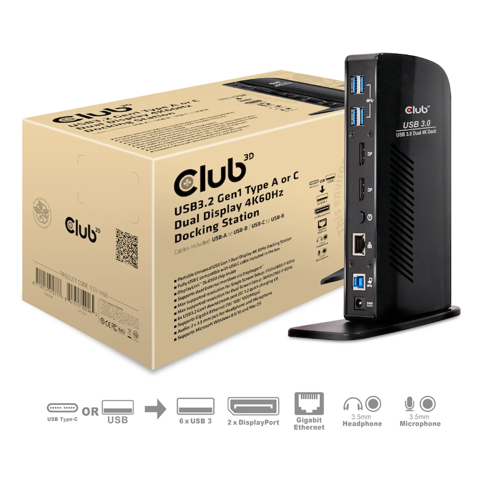CLUB3D USB3.2 Gen1 Type A or C Dual Display 4K60Hz Docking Station DisplayLink® Certified
