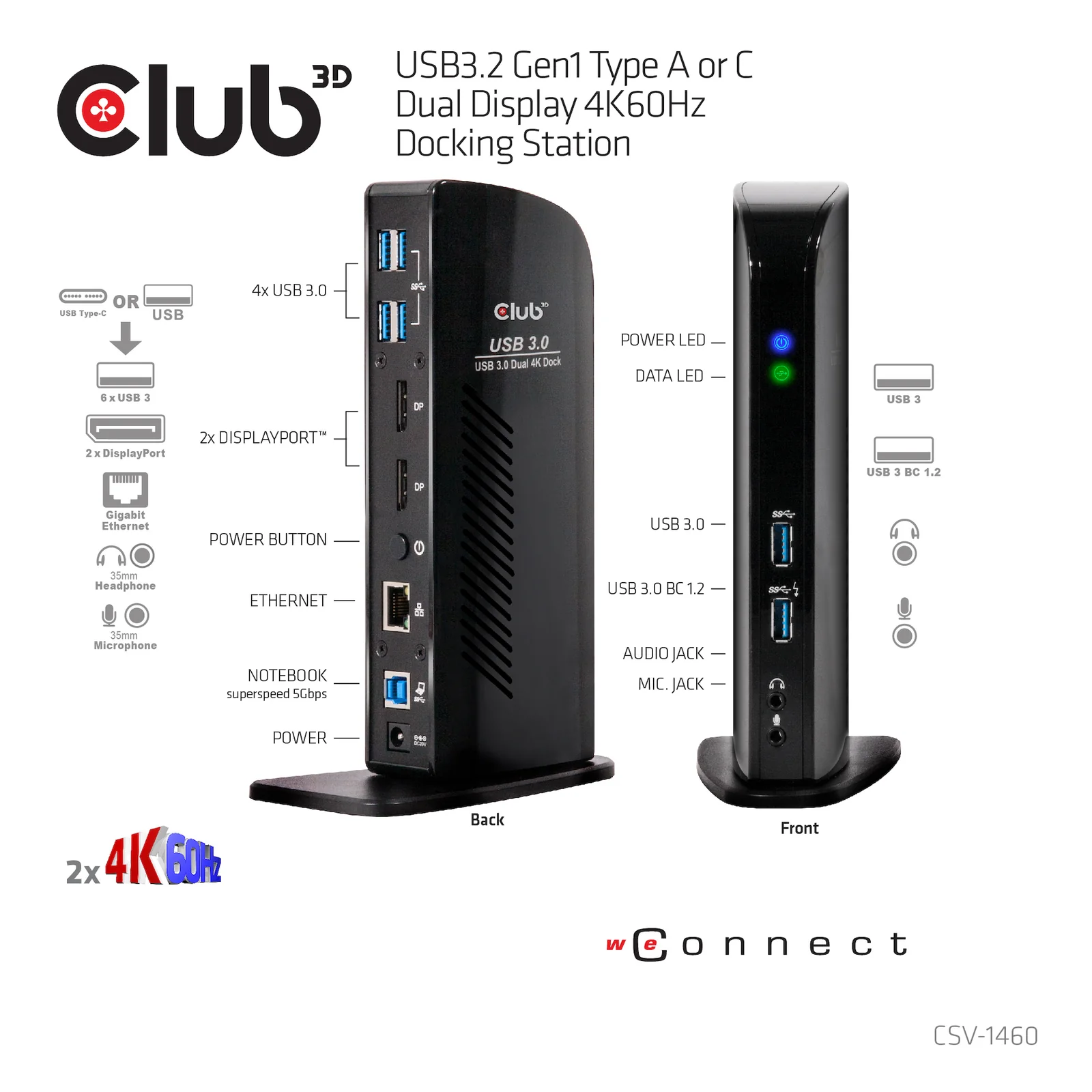 CLUB3D USB3.2 Gen1 Type A or C Dual Display 4K60Hz Docking Station DisplayLink® Certified