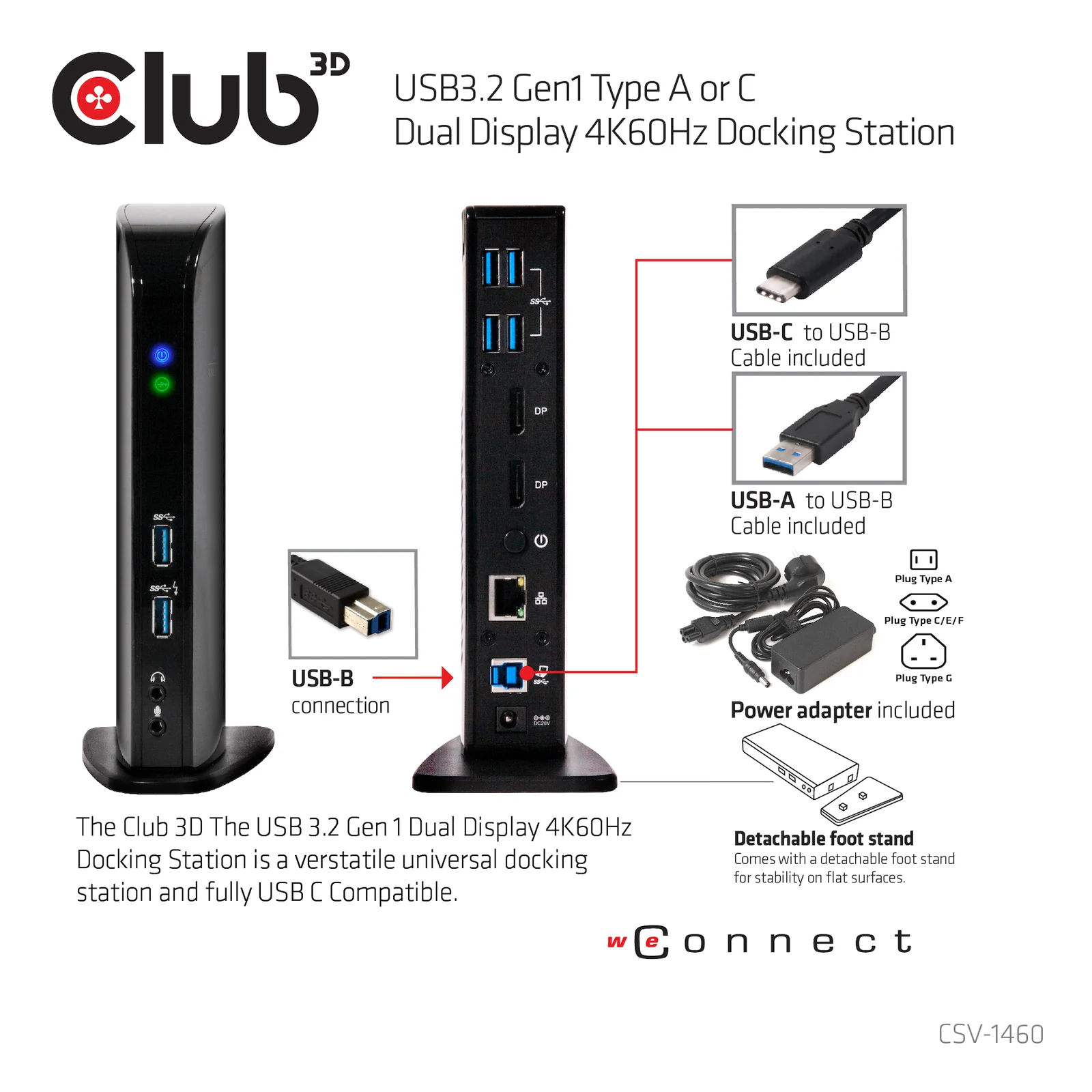 CLUB3D USB3.2 Gen1 Type A or C Dual Display 4K60Hz Docking Station DisplayLink® Certified