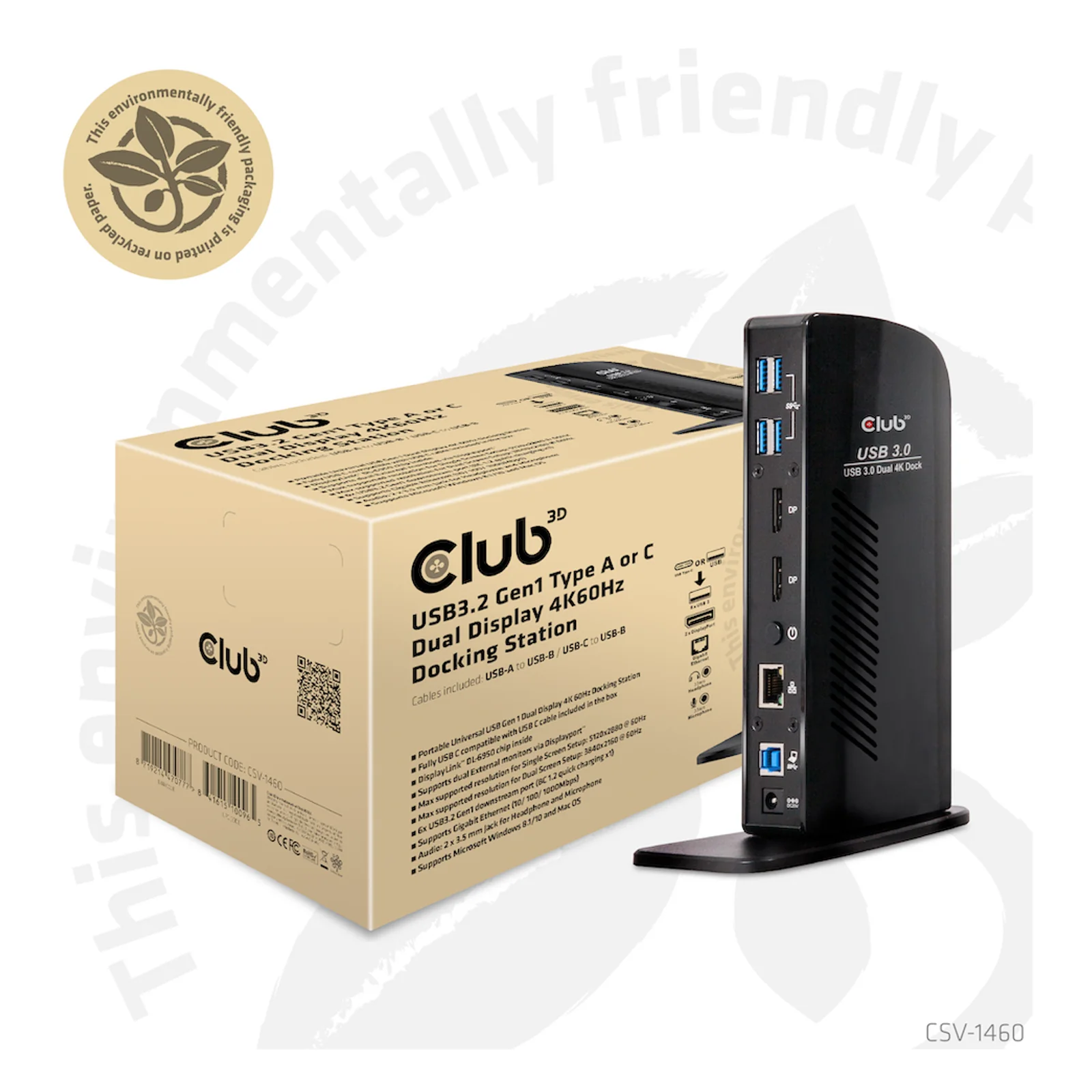 CLUB3D USB3.2 Gen1 Type A or C Dual Display 4K60Hz Docking Station DisplayLink® Certified