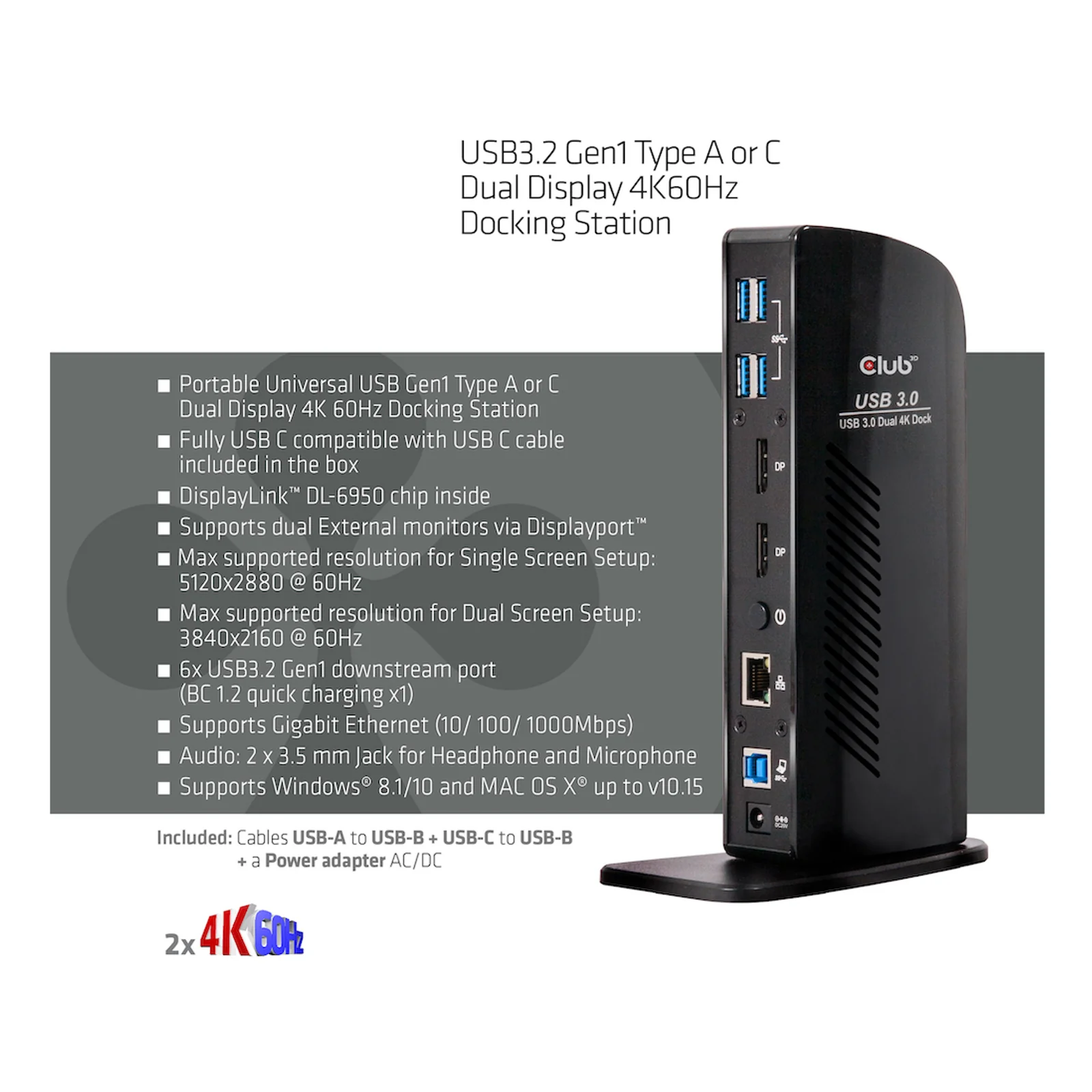 CLUB3D USB3.2 Gen1 Type A or C Dual Display 4K60Hz Docking Station DisplayLink® Certified