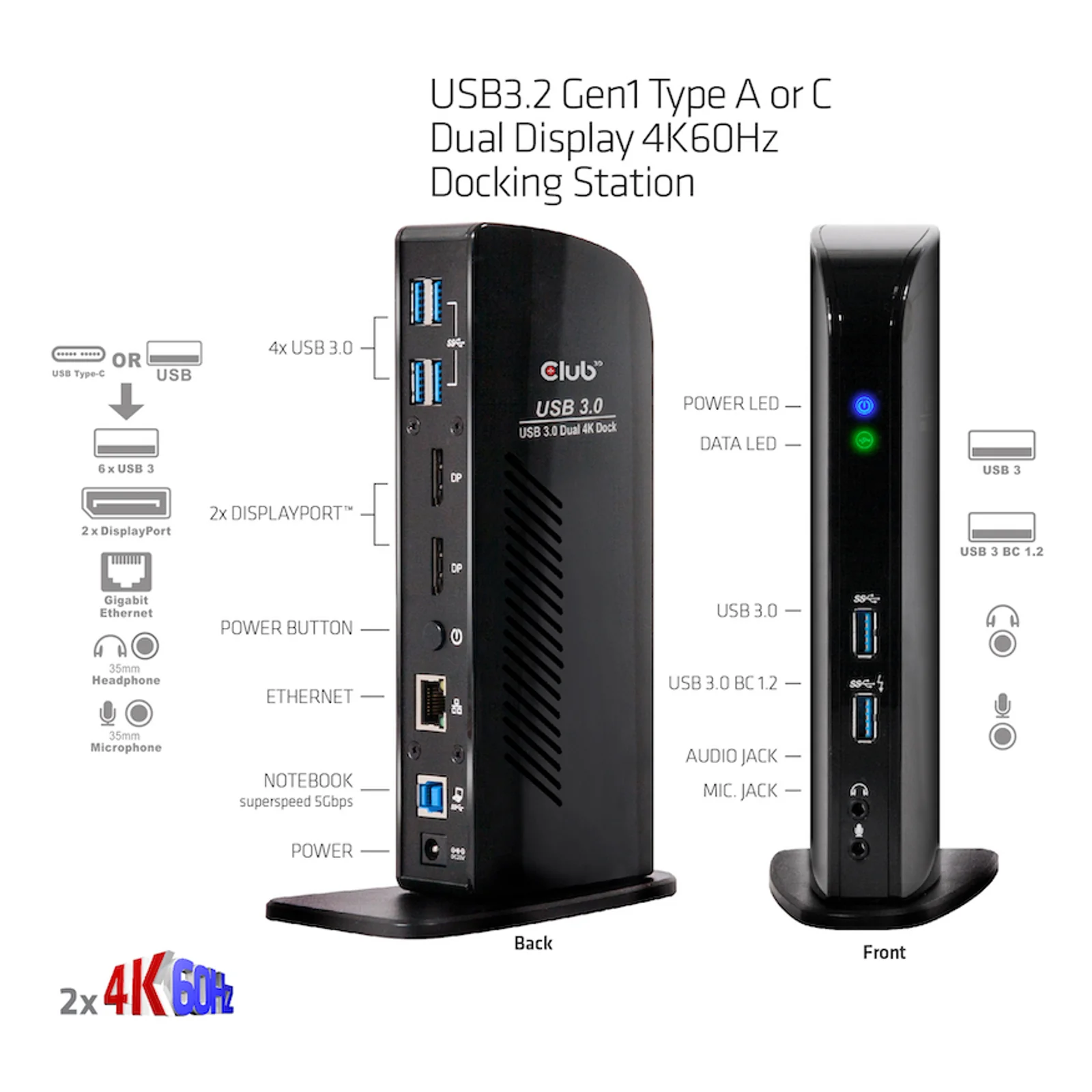 CLUB3D USB3.2 Gen1 Type A or C Dual Display 4K60Hz Docking Station DisplayLink® Certified