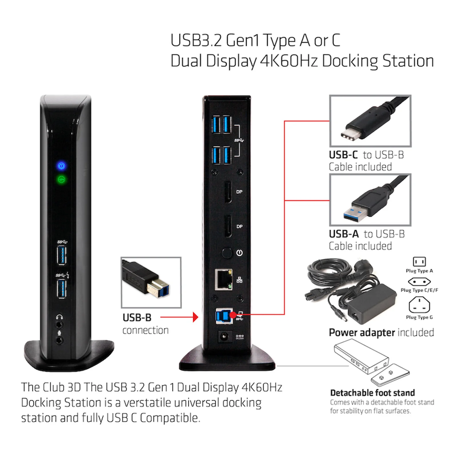 CLUB3D USB3.2 Gen1 Type A or C Dual Display 4K60Hz Docking Station DisplayLink® Certified