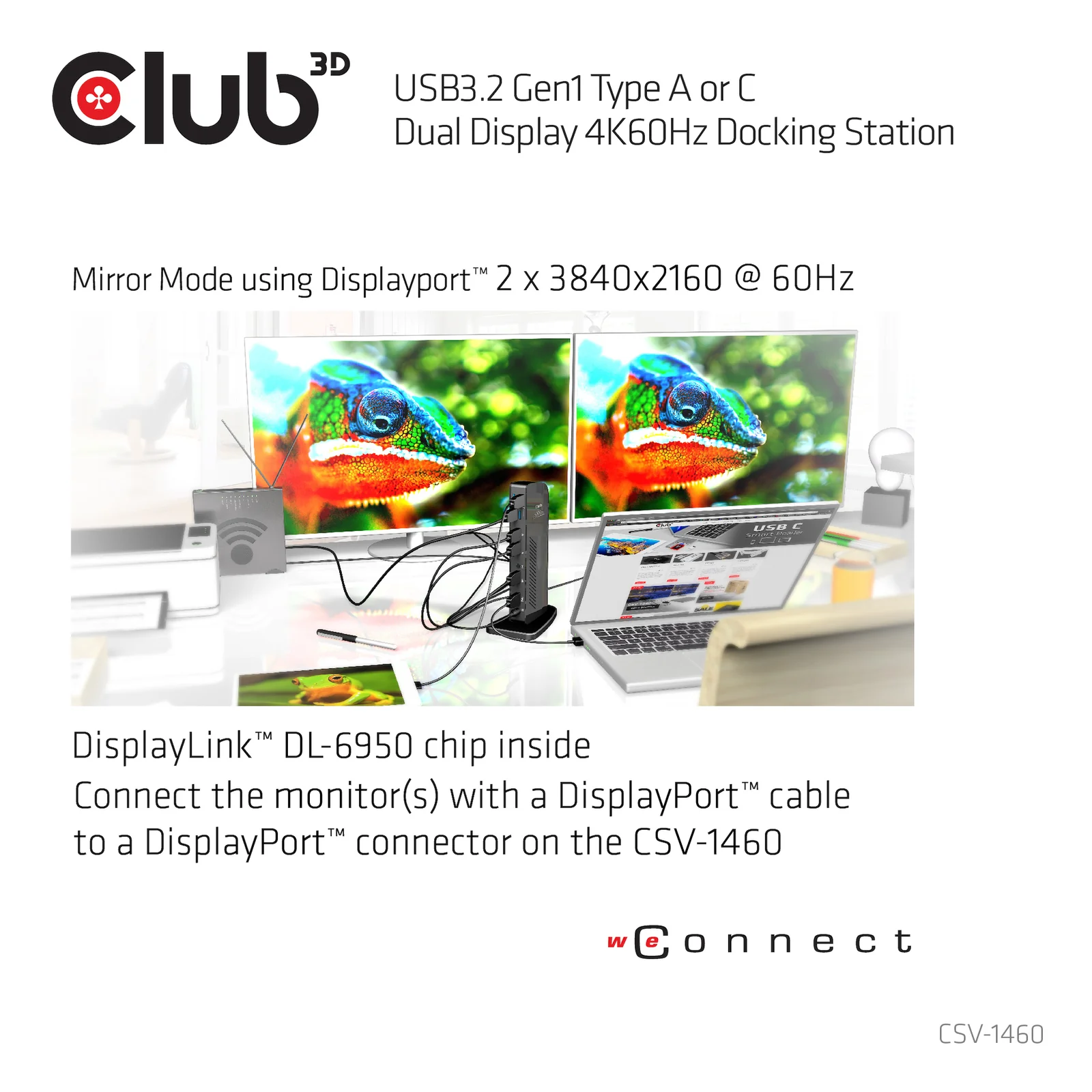CLUB3D USB3.2 Gen1 Type A or C Dual Display 4K60Hz Docking Station DisplayLink® Certified