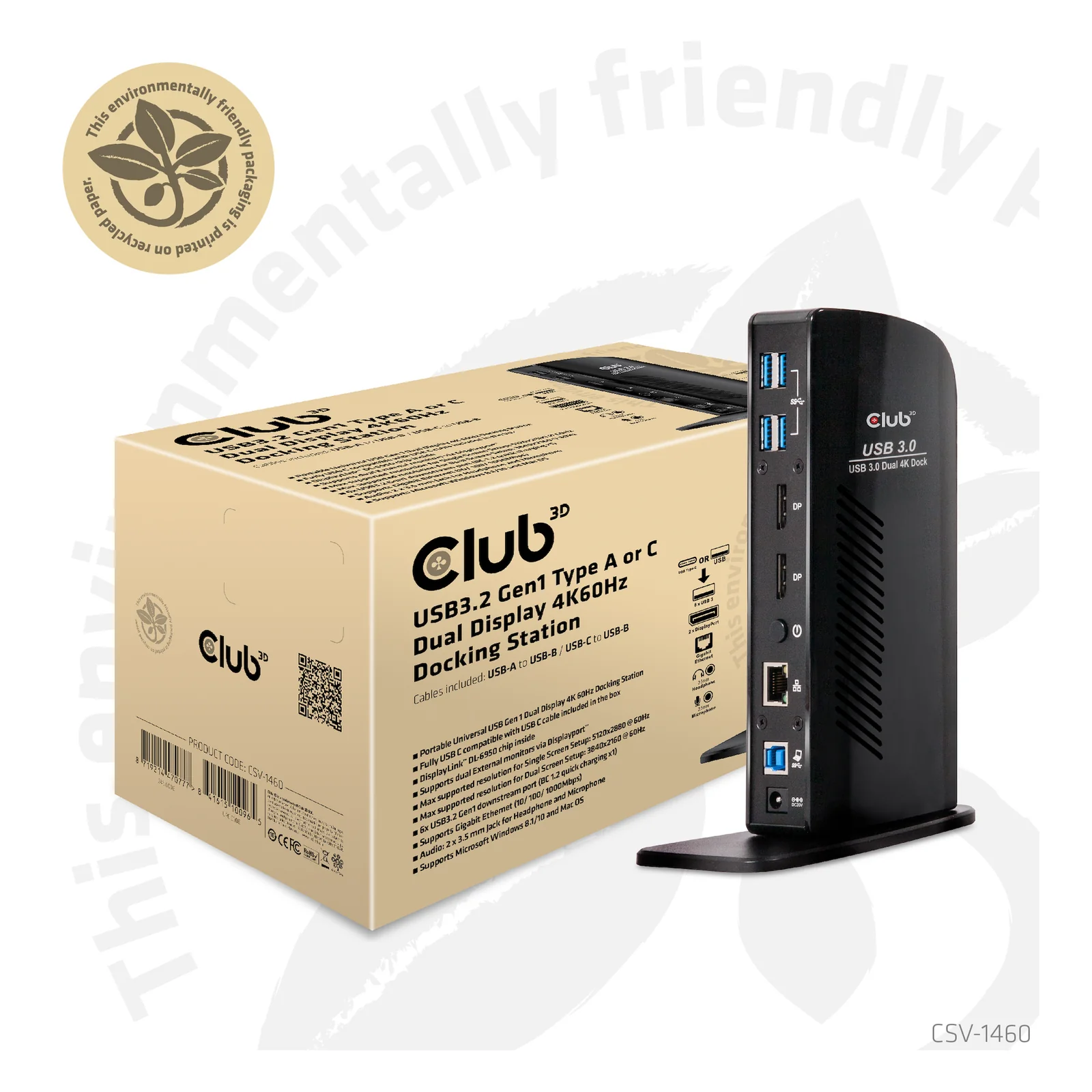 CLUB3D USB3.2 Gen1 Type A or C Dual Display 4K60Hz Docking Station DisplayLink® Certified