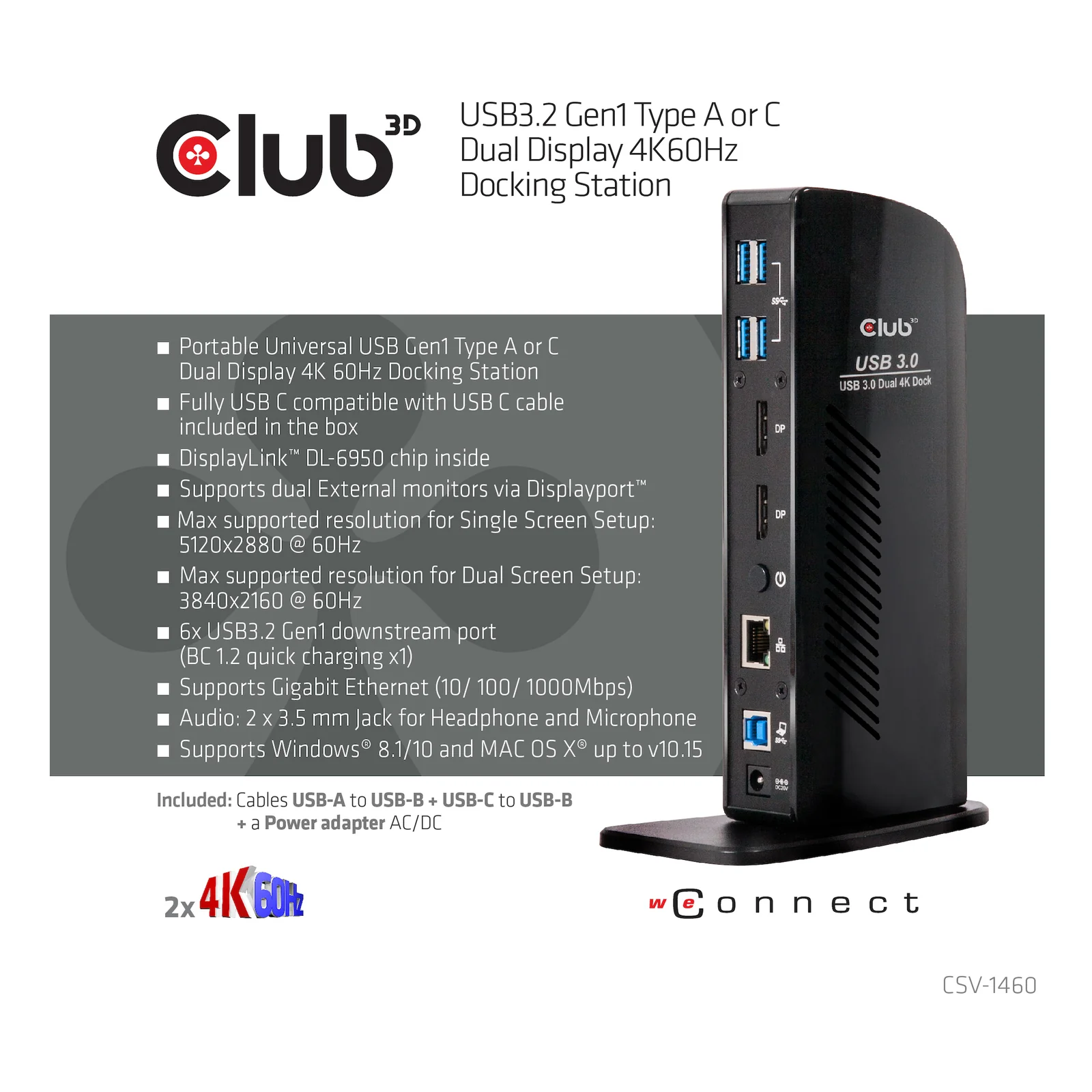 CLUB3D USB3.2 Gen1 Type A or C Dual Display 4K60Hz Docking Station DisplayLink® Certified